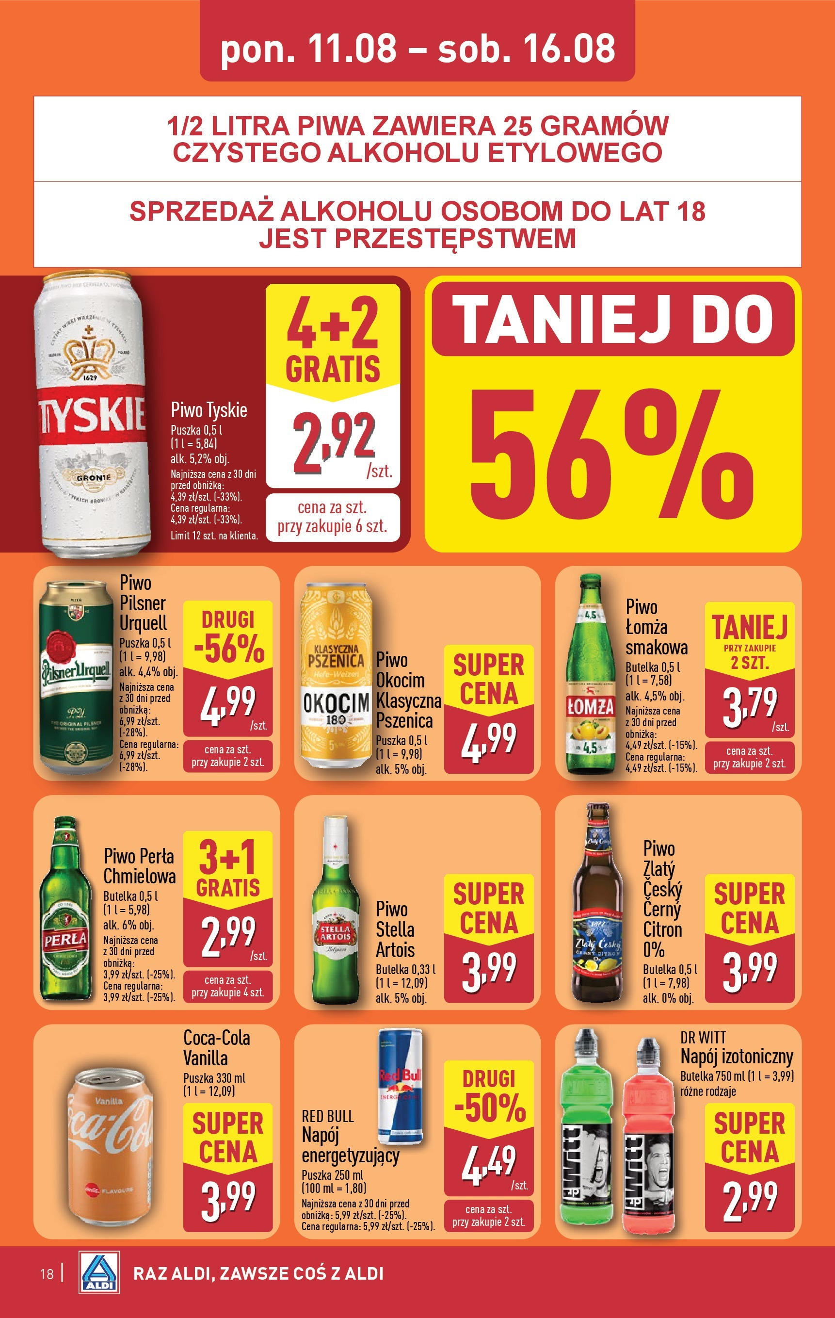Aldi Gazetka od 11.08.2025 - Ulotka PDF, promocje | Strona: 18 | Produkty: Red bull, Piwo perła, Tyskie, Piwo
