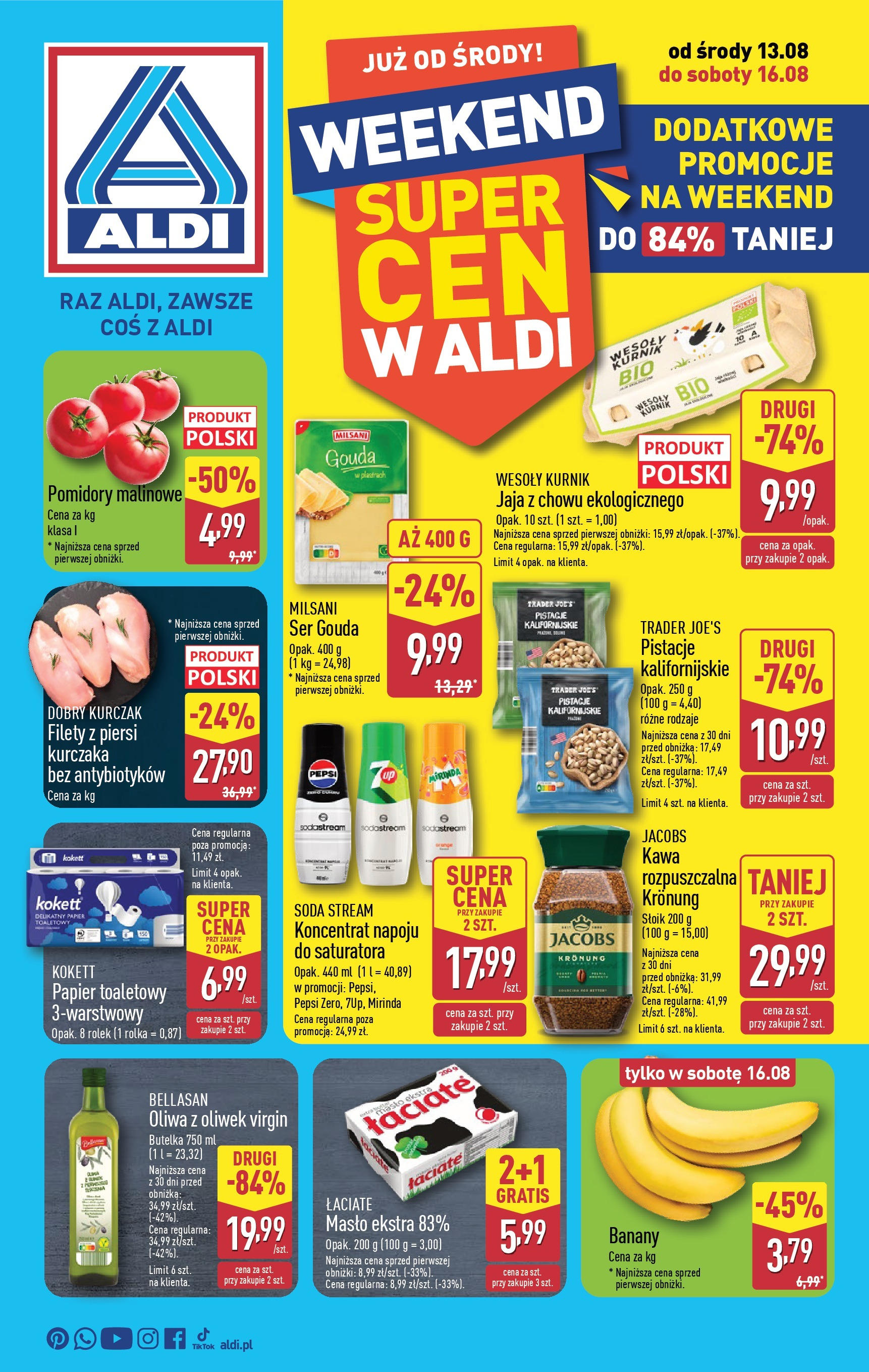 Aldi Gazetka - Okazje na weekend od 13.08.2025 | Nowa PDF gazetka | Strona: 1 | Produkty: Kurczak, Oliwa z oliwek, Pomidory malinowe, Jaja Aldi Gazetka - Okazje na weekend od 13.08.2025 - Ulotka PDF, promocje | Strona: 1 | Produkty: Kurczak, Oliwa z oliwek, Pomidory malinowe, Jaja