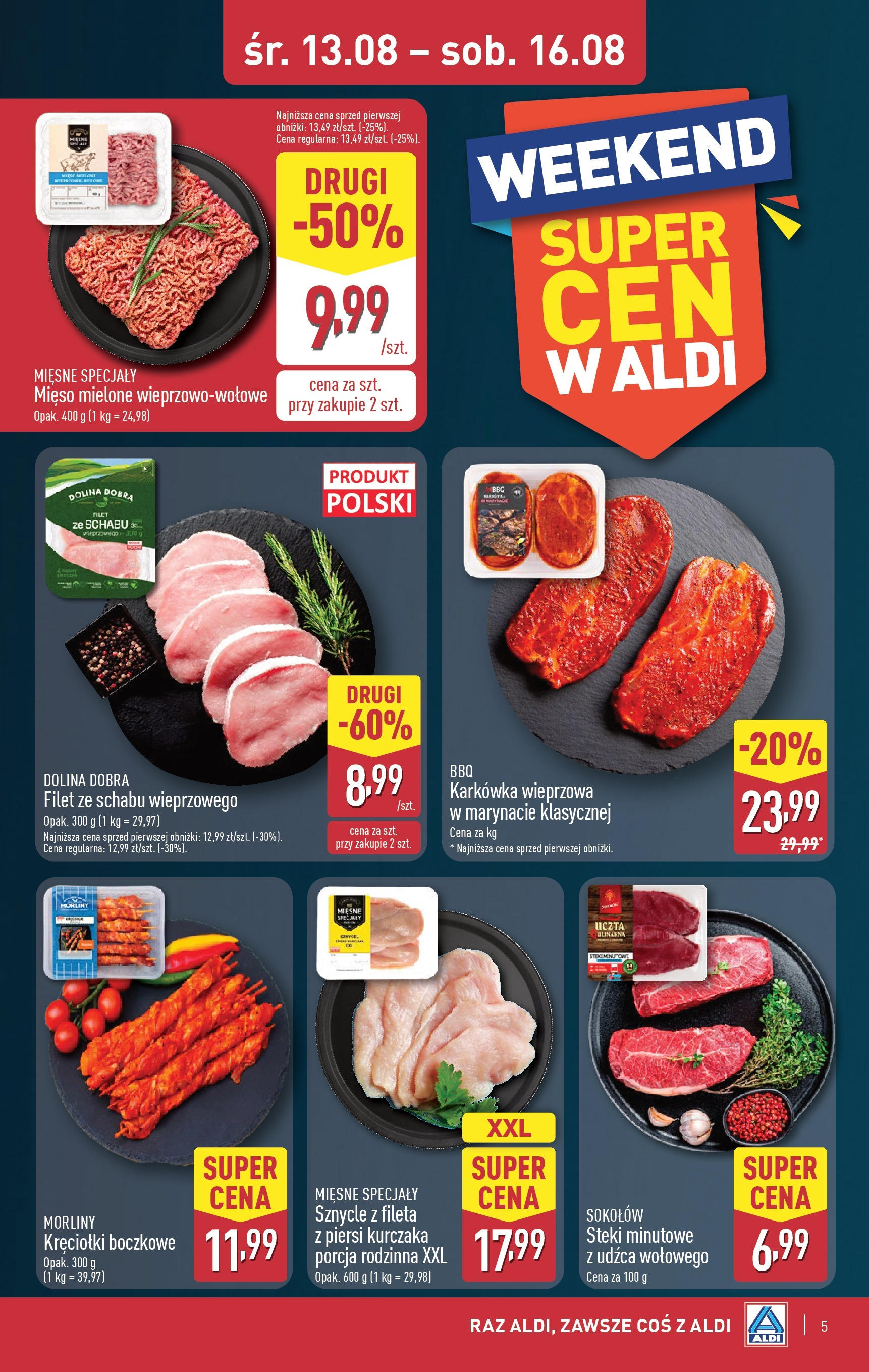 Aldi Gazetka - Okazje na weekend od 13.08.2025 | Nowa PDF gazetka | Strona: 5 | Produkty: Piersi, Mięso, Steki, Mięso mielone Aldi Gazetka - Okazje na weekend od 13.08.2025 - Ulotka PDF, promocje | Strona: 5 | Produkty: Piersi, Mięso, Steki, Mięso mielone