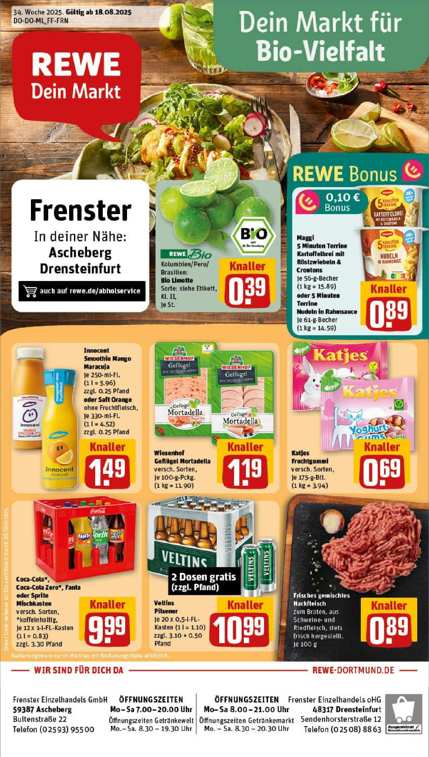 REWE Prospekt ab 17.08.2025 zum Blättern » Angebote | Seite: 1 | Produkte: Limette, Telefon, Veltins, Maggi 5 minuten terrine