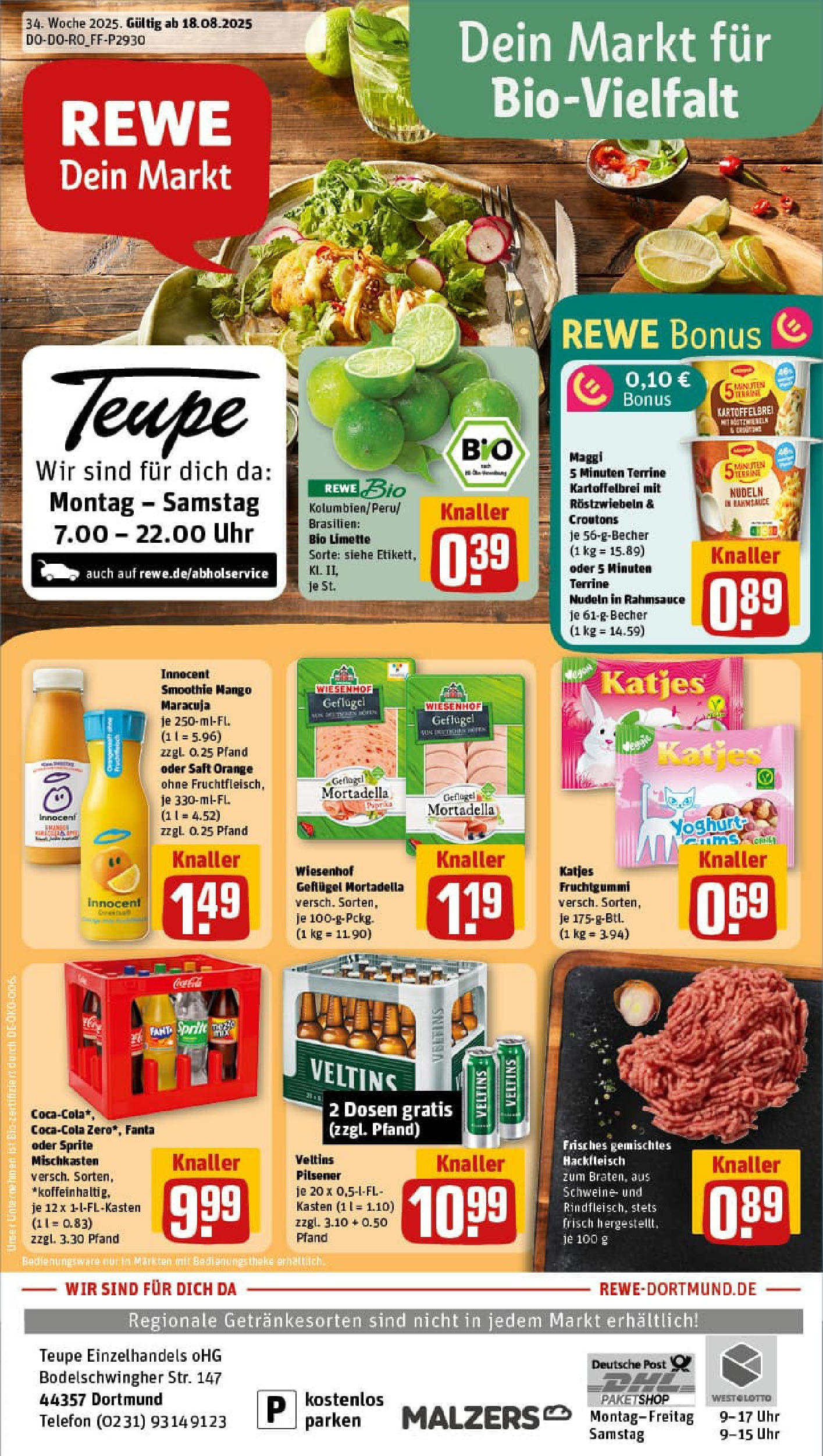 REWE Prospekt ab 17.08.2025 zum Blättern » Angebote | Seite: 1 | Produkte: Mango, Limette, Nudeln, Veltins REWE Prospekt ab 17.08.2025 zum Blättern » Angebote | Seite: 1 | Produkte: Mango, Limette, Nudeln, Veltins