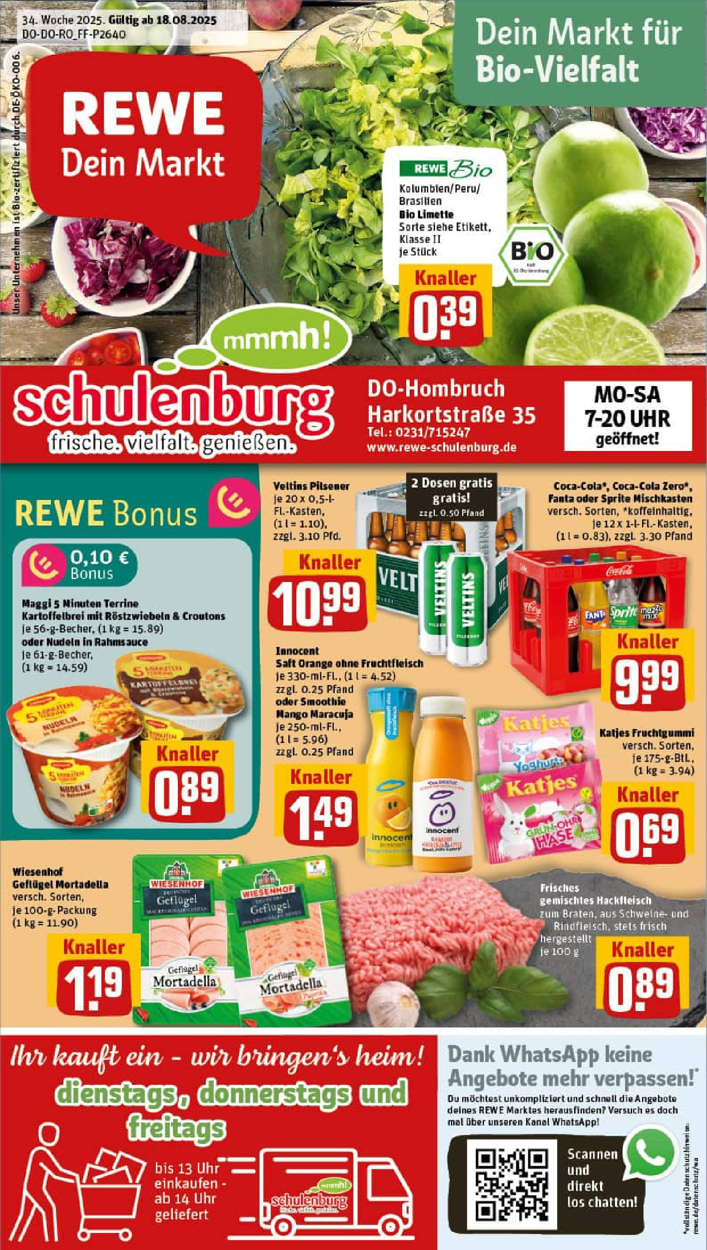 REWE Prospekt ab 17.08.2025 zum Blättern » Angebote | Seite: 1 | Produkte: Mango, Nudeln, Veltins, Hackfleisch