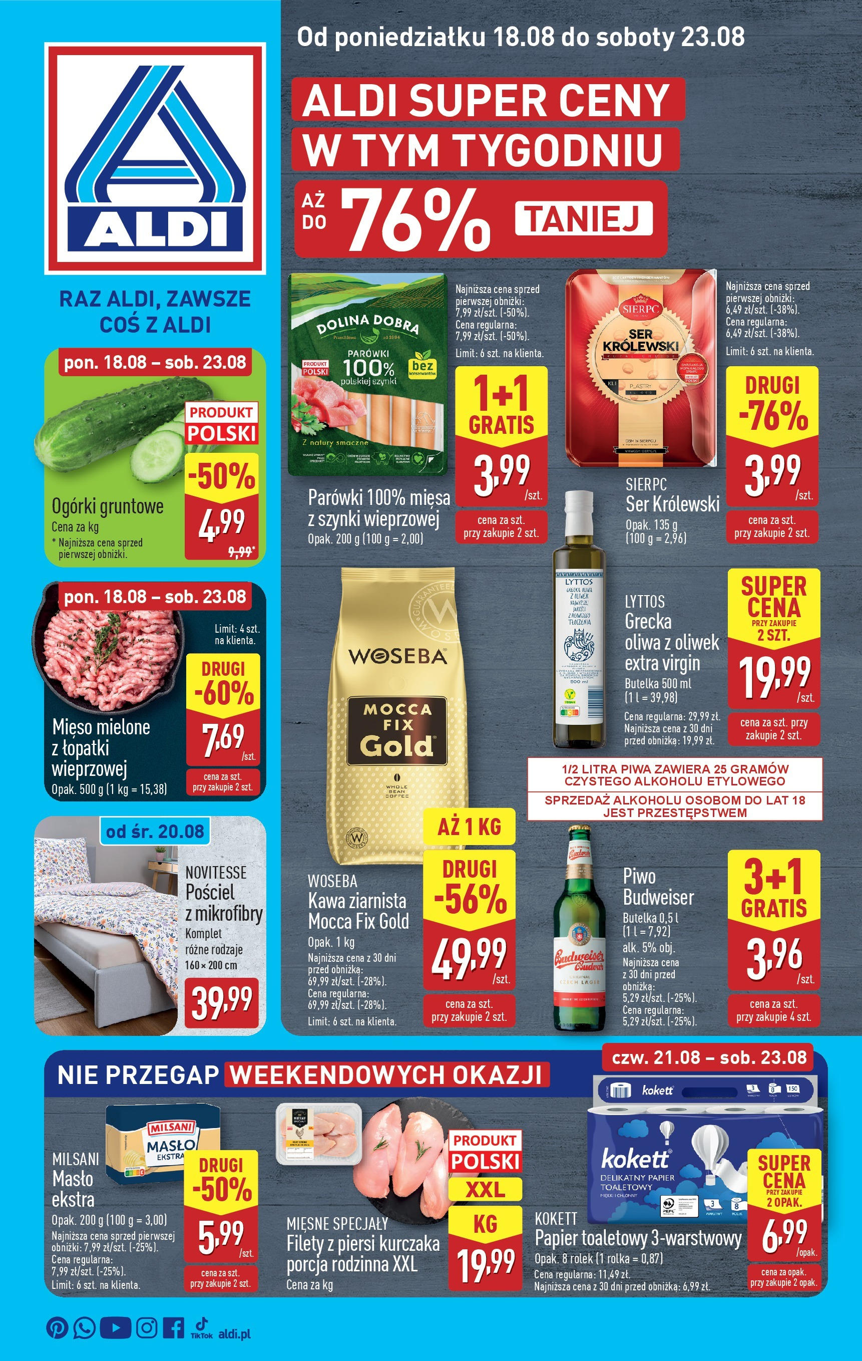 Aldi Gazetka od 18.08.2025 - Ulotka PDF, promocje | Strona: 1 | Produkty: Pościel, Mięso mielone, Parówki, Piwo