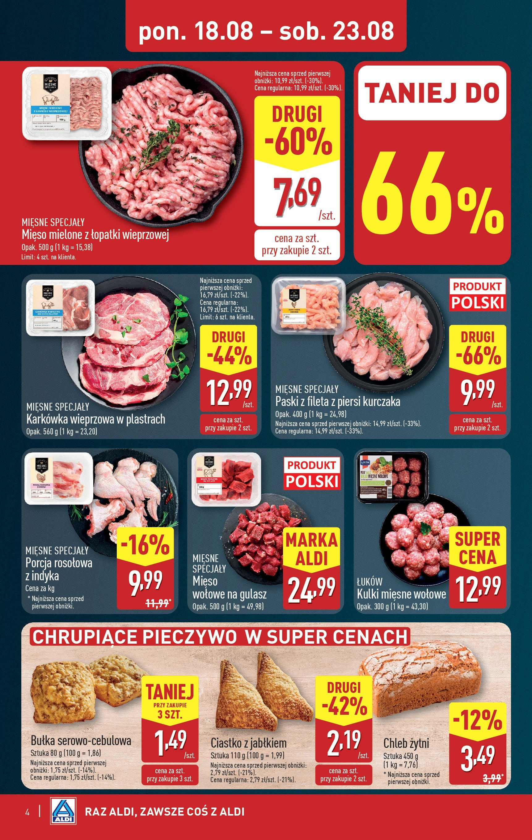 Aldi Gazetka od 18.08.2025 - Ulotka PDF, promocje | Strona: 4 | Produkty: Karkówka wieprzowa, Mięso mielone, Chleb, Gulasz