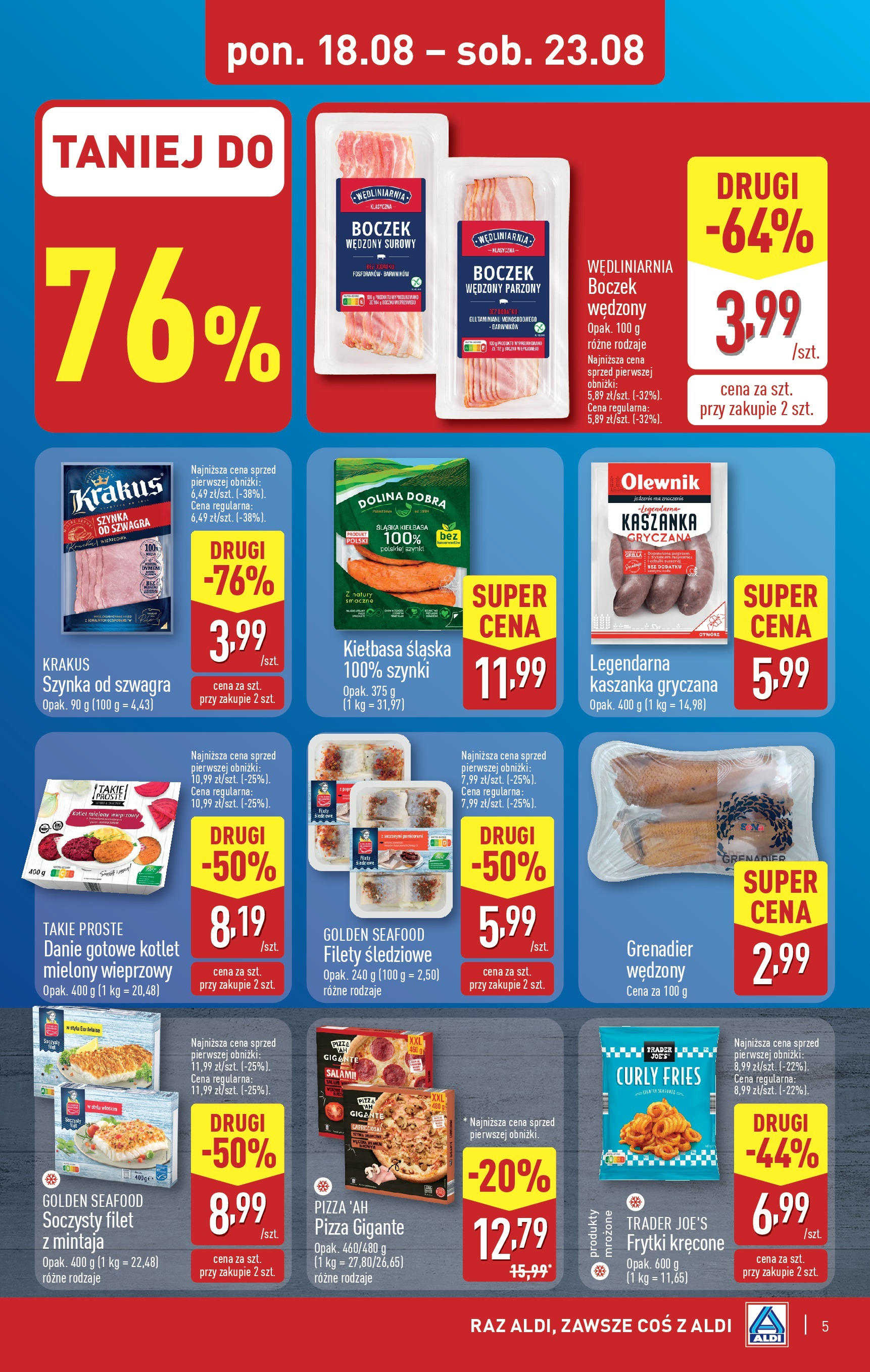 Aldi Gazetka od 18.08.2025 - Ulotka PDF, promocje | Strona: 5 | Produkty: Kiełbasa, Boczek wędzony parzony, Szynka, Boczek