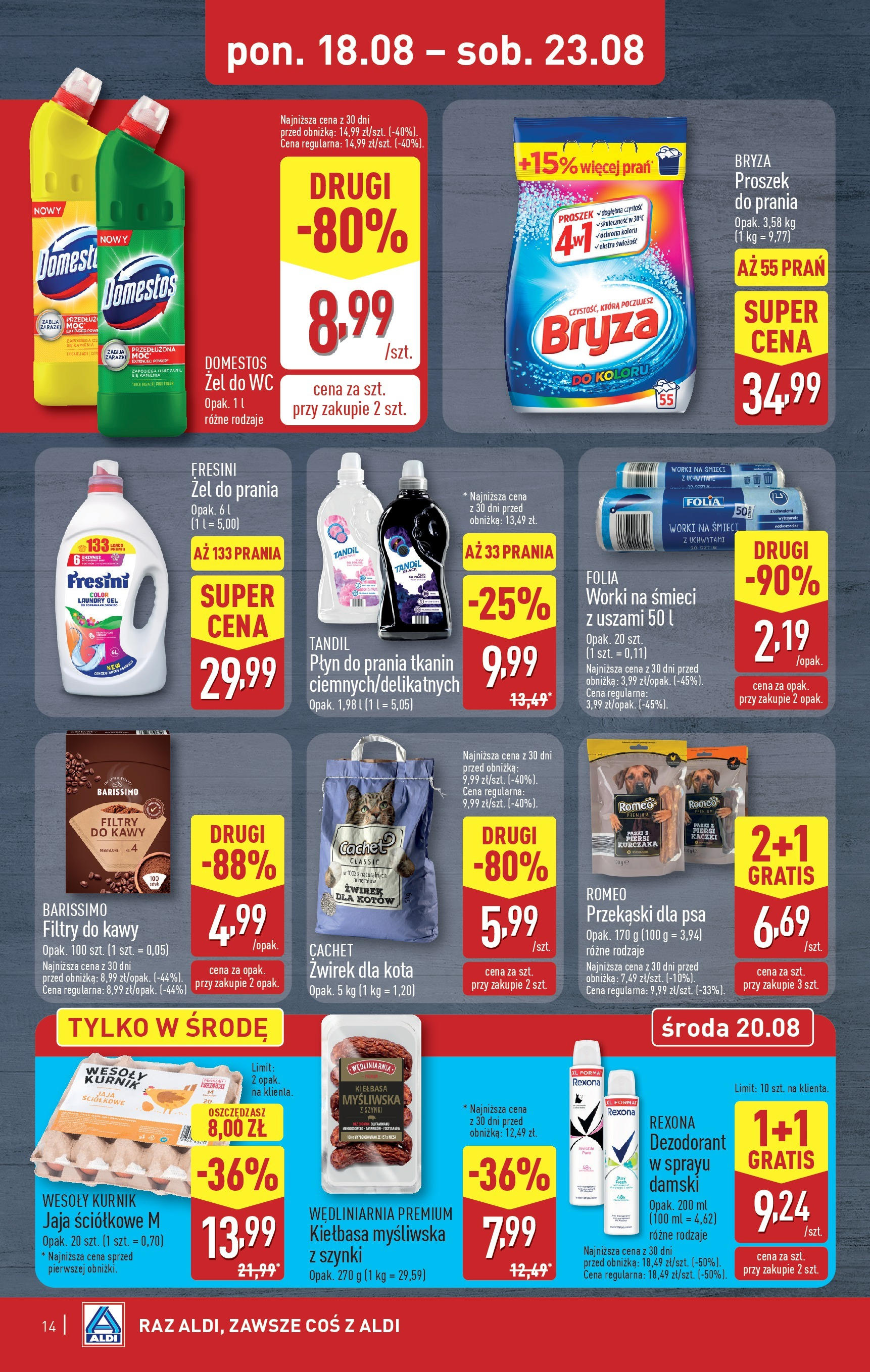 Aldi Gazetka od 18.08.2025 - Ulotka PDF, promocje | Strona: 14 | Produkty: Kiełbasa, Piersi, Domestos, Jaja