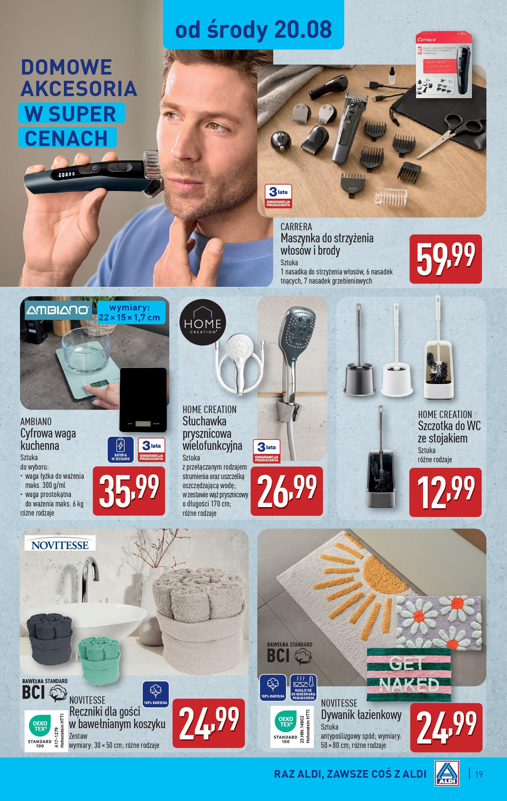 Aldi Gazetka od 18.08.2025 - Ulotka PDF, promocje | Strona: 19 | Produkty: Dywanik łazienkowy, Waga, Bateria, Szczotka
