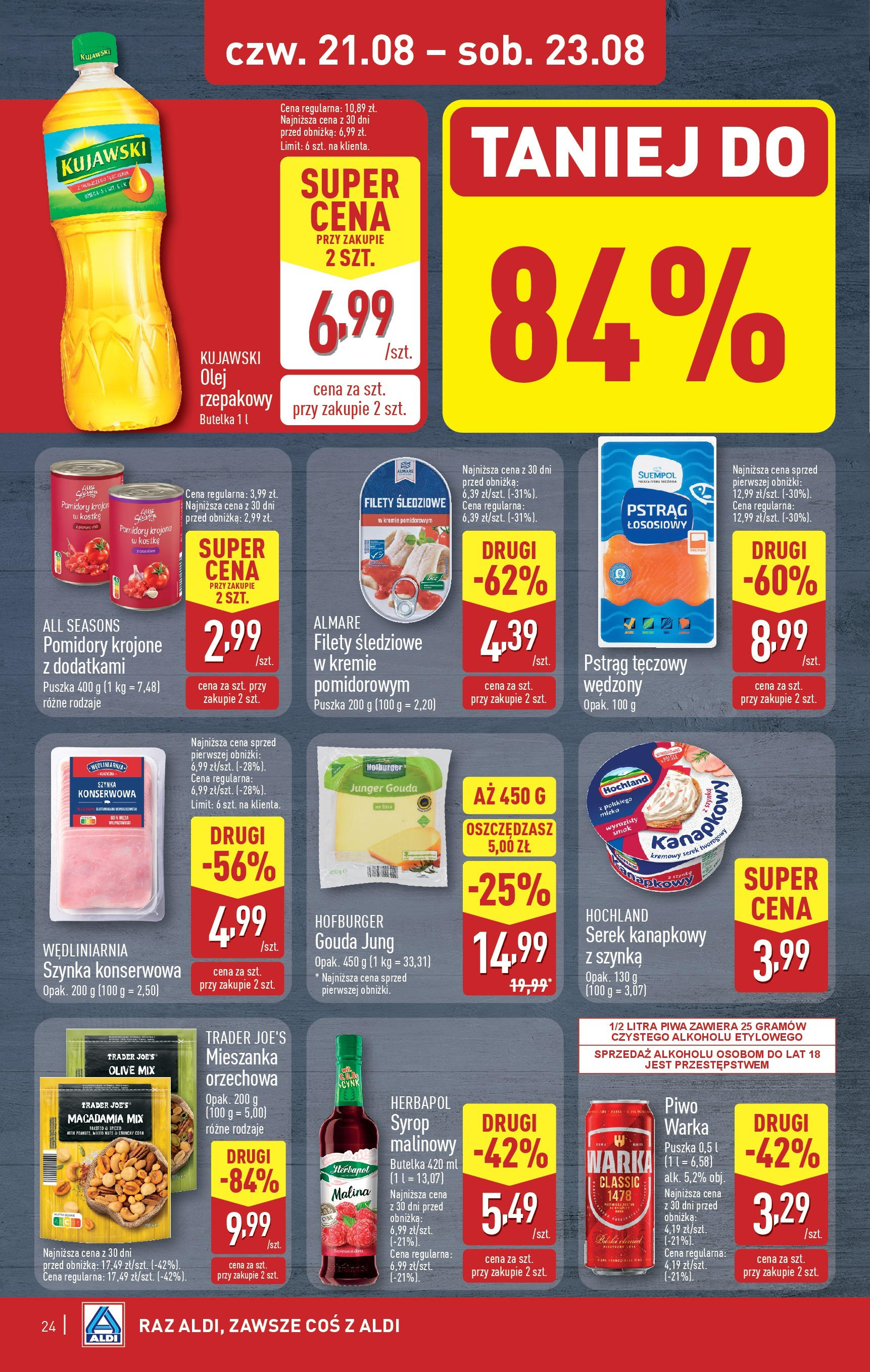 Aldi Gazetka od 18.08.2025 - Ulotka PDF, promocje | Strona: 24 | Produkty: Serek kanapkowy, Pstrąg, Piwo, Pomidory