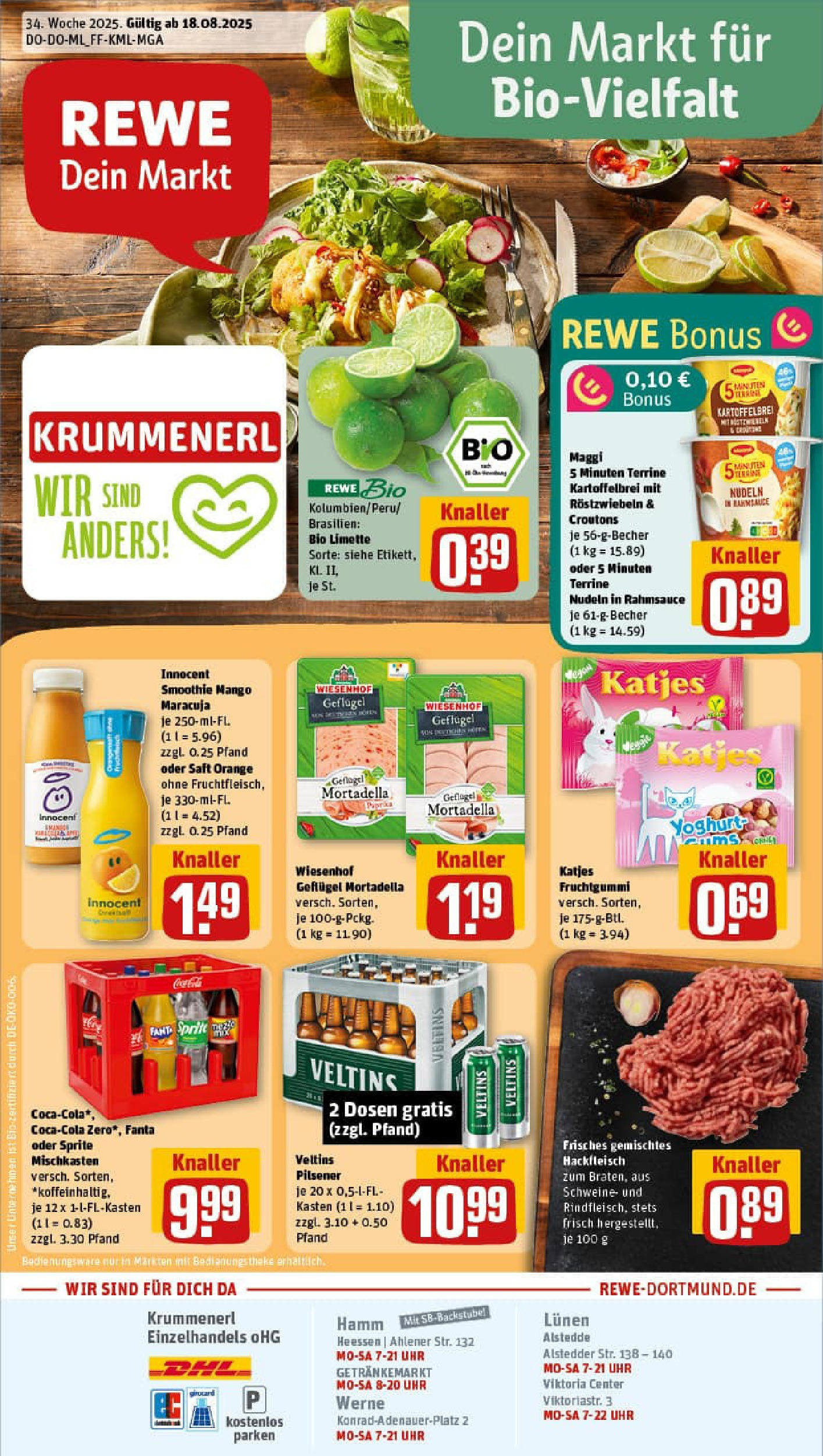 REWE Prospekt ab 17.08.2025 zum Blättern » Angebote | Seite: 1 | Produkte: Saft, Uhr, Veltins, Maggi 5 minuten terrine