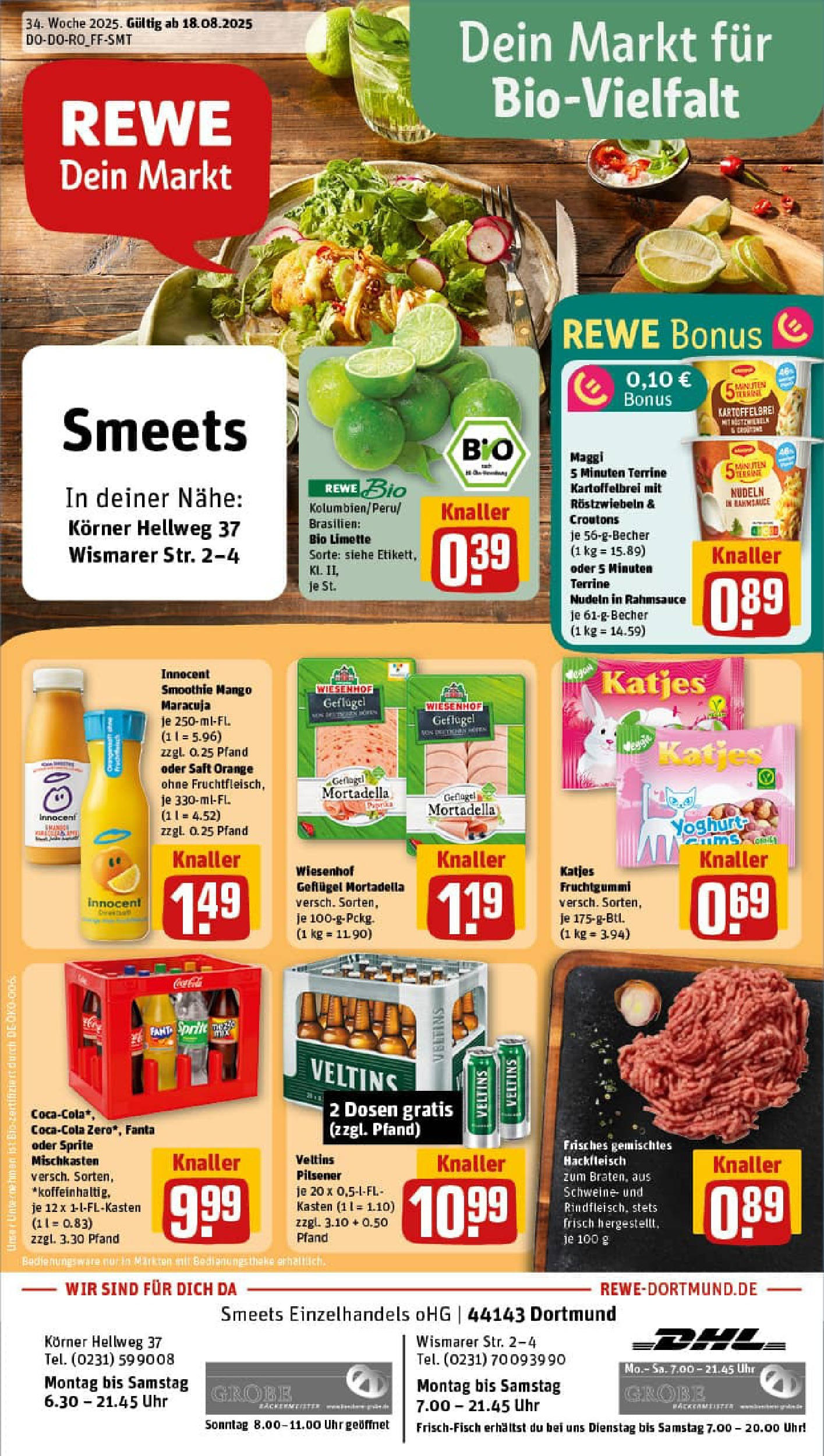 REWE Prospekt ab 17.08.2025 zum Blättern » Angebote | Seite: 1 | Produkte: Nudeln, Uhr, Veltins, Hackfleisch