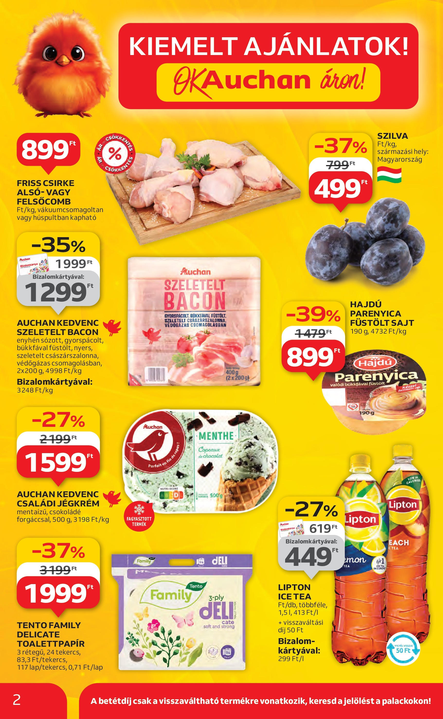 Auchan Akciós újság - 2025.08.14. -tól/töl > akció, lapozható szórólap 🛍️ | Oldal: 2 | Termékek: Ice tea, Szeletelt bacon, Csokoládé, Jégkrém
