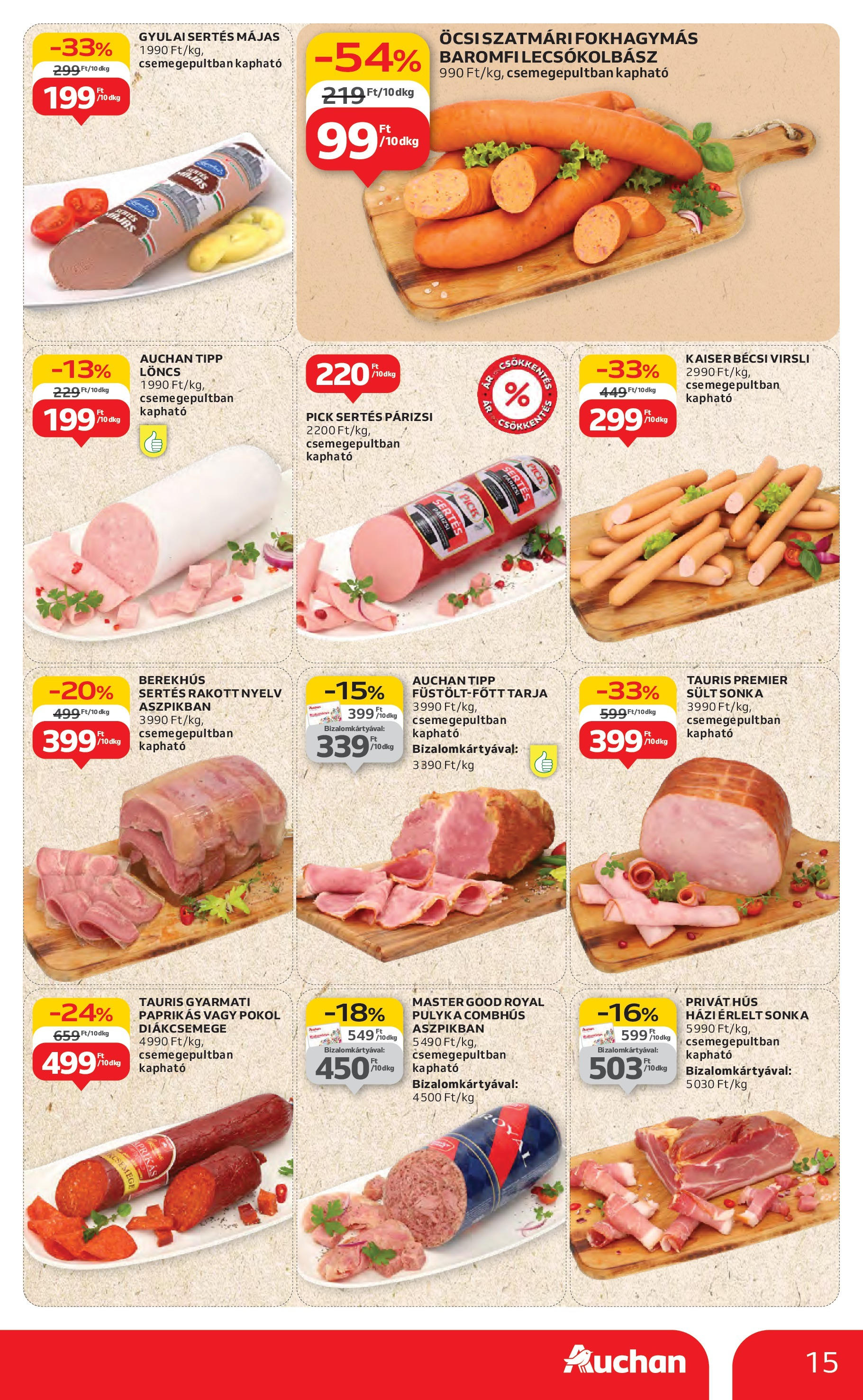 Auchan Akciós újság - 2025.08.14. -tól/töl > akció, lapozható szórólap 🛍️ | Oldal: 15 | Termékek: Hús, Tarja, Lecsókolbász, Párizsi