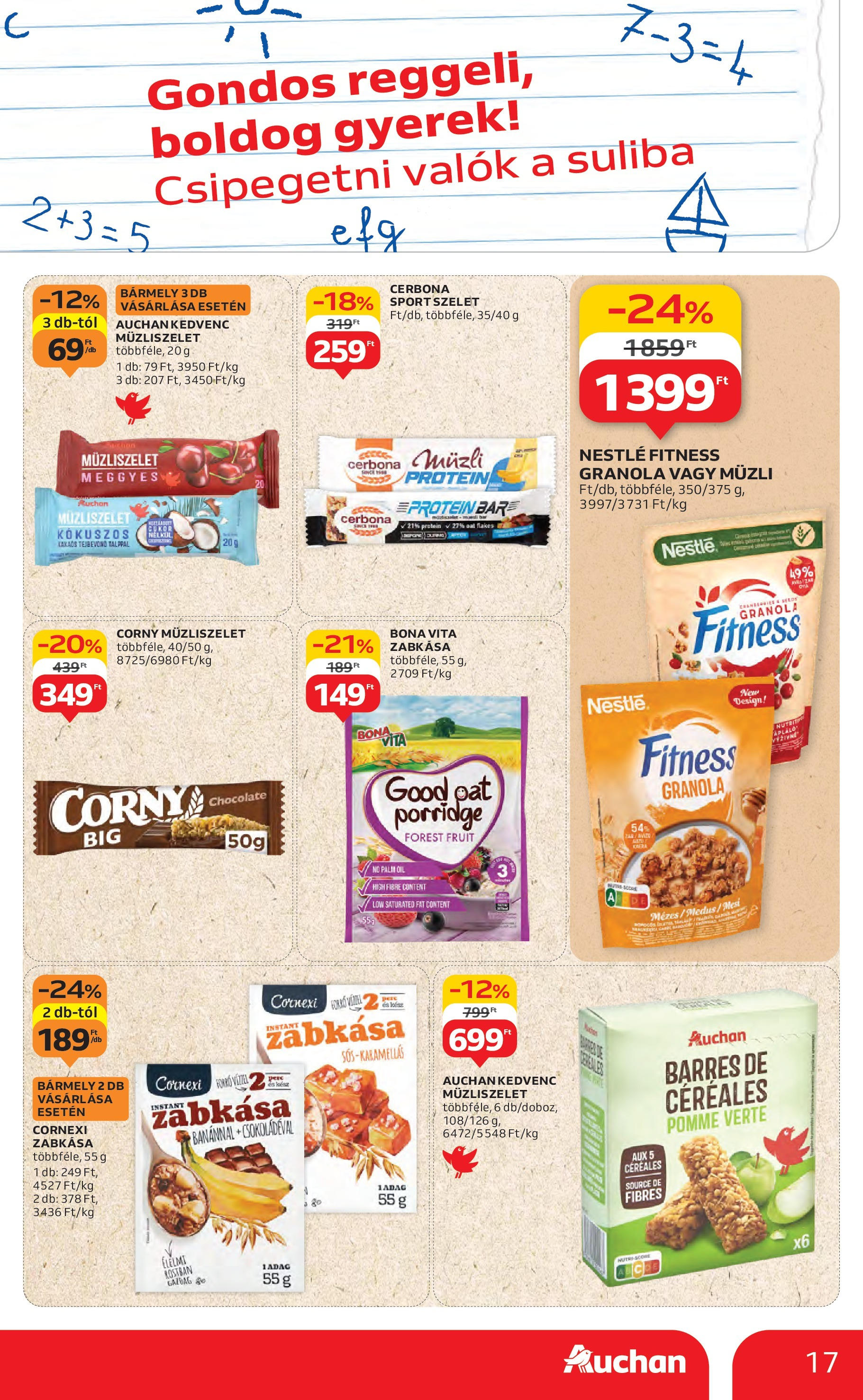 Auchan Akciós újság - 2025.08.14. -tól/töl > akció, lapozható szórólap 🛍️ | Oldal: 17 | Termékek: Müzli, Zabkása, Protein, Müzliszelet