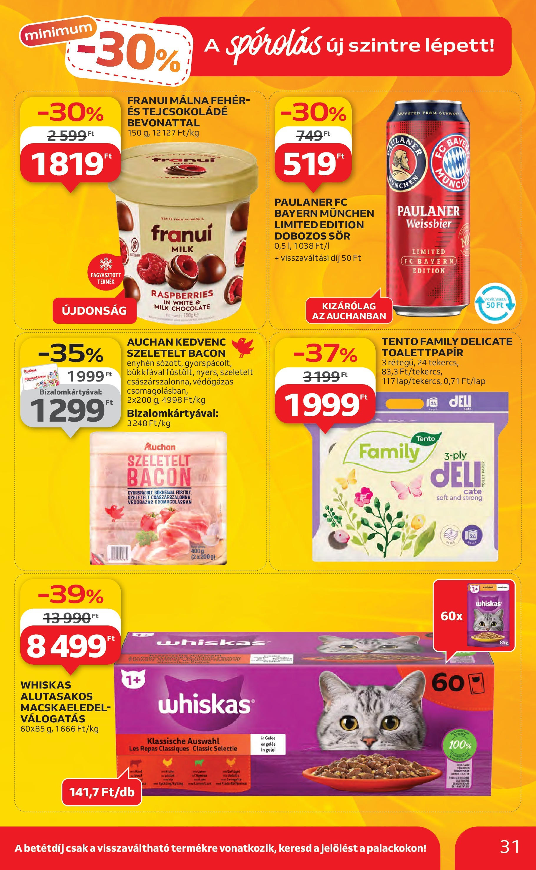 Auchan Akciós újság - 2025.08.14. -tól/töl > akció, lapozható szórólap 🛍️ | Oldal: 31 | Termékek: Málna, Bacon, Dobozos sör, Sör