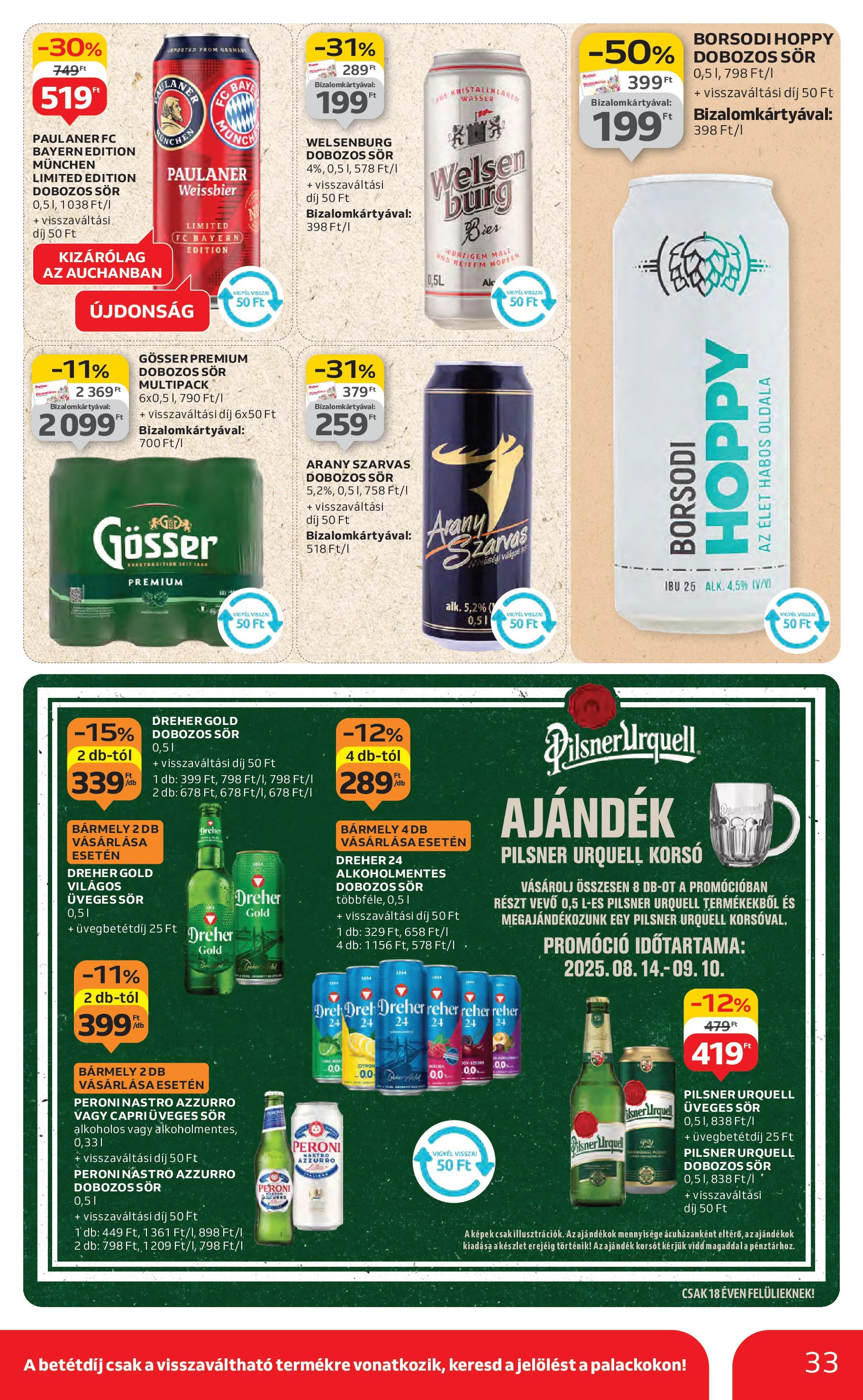 Auchan Akciós újság - 2025.08.14. -tól/töl > akció, lapozható szórólap 🛍️ | Oldal: 33 | Termékek: Pilsner urquell, Gösser, Dobozos sör, Sör