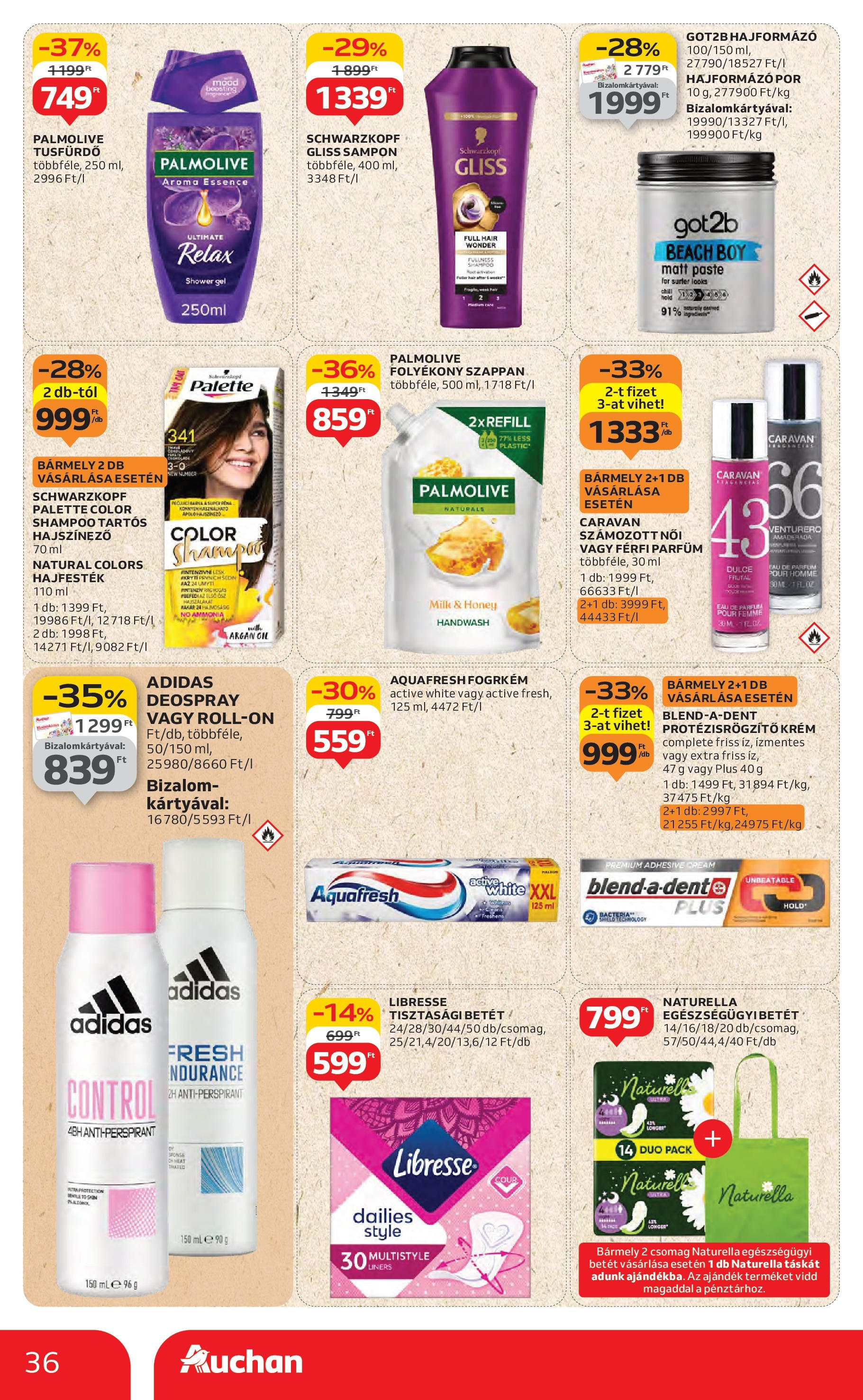 Auchan Akciós újság - 2025.08.14. -tól/töl > akció, lapozható szórólap 🛍️ | Oldal: 36 | Termékek: Hajformázó, Hajfesték, Sampon, Szappan