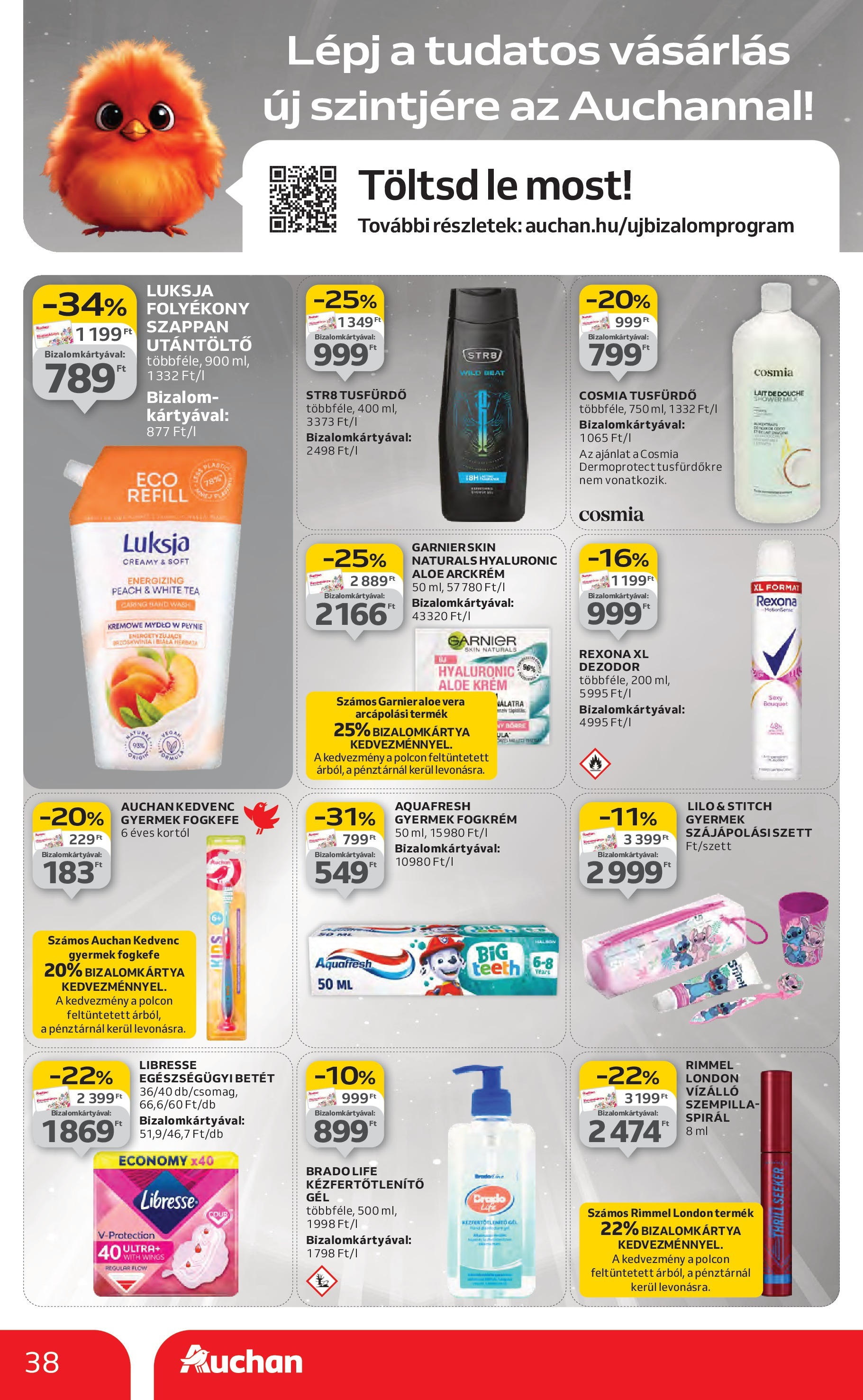 Auchan Akciós újság - 2025.08.14. -tól/töl > akció, lapozható szórólap 🛍️ | Oldal: 38 | Termékek: Arckrém, Kézfertőtlenítő, Szappan, Fogkrém