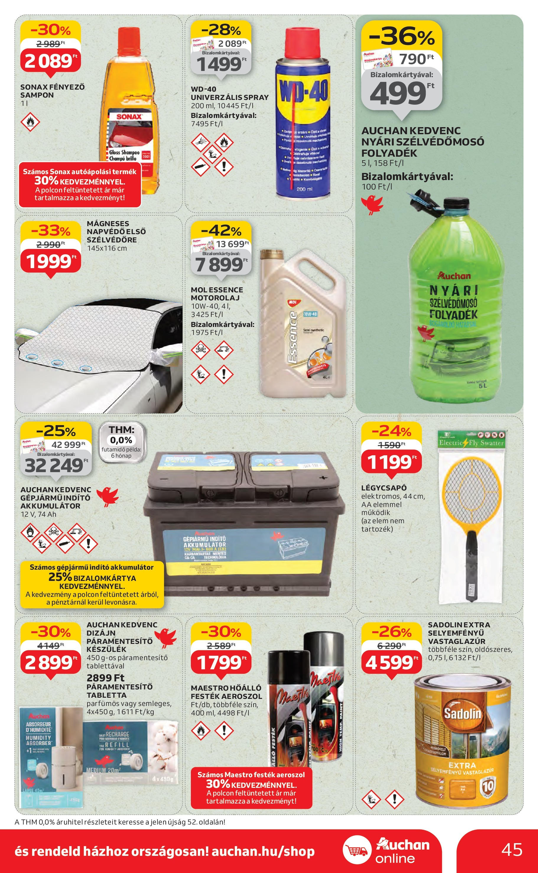 Auchan Akciós újság - 2025.08.14. -tól/töl > akció, lapozható szórólap 🛍️ | Oldal: 45 | Termékek: Páramentesítő, Akkumulátor, Motorolaj, Festék