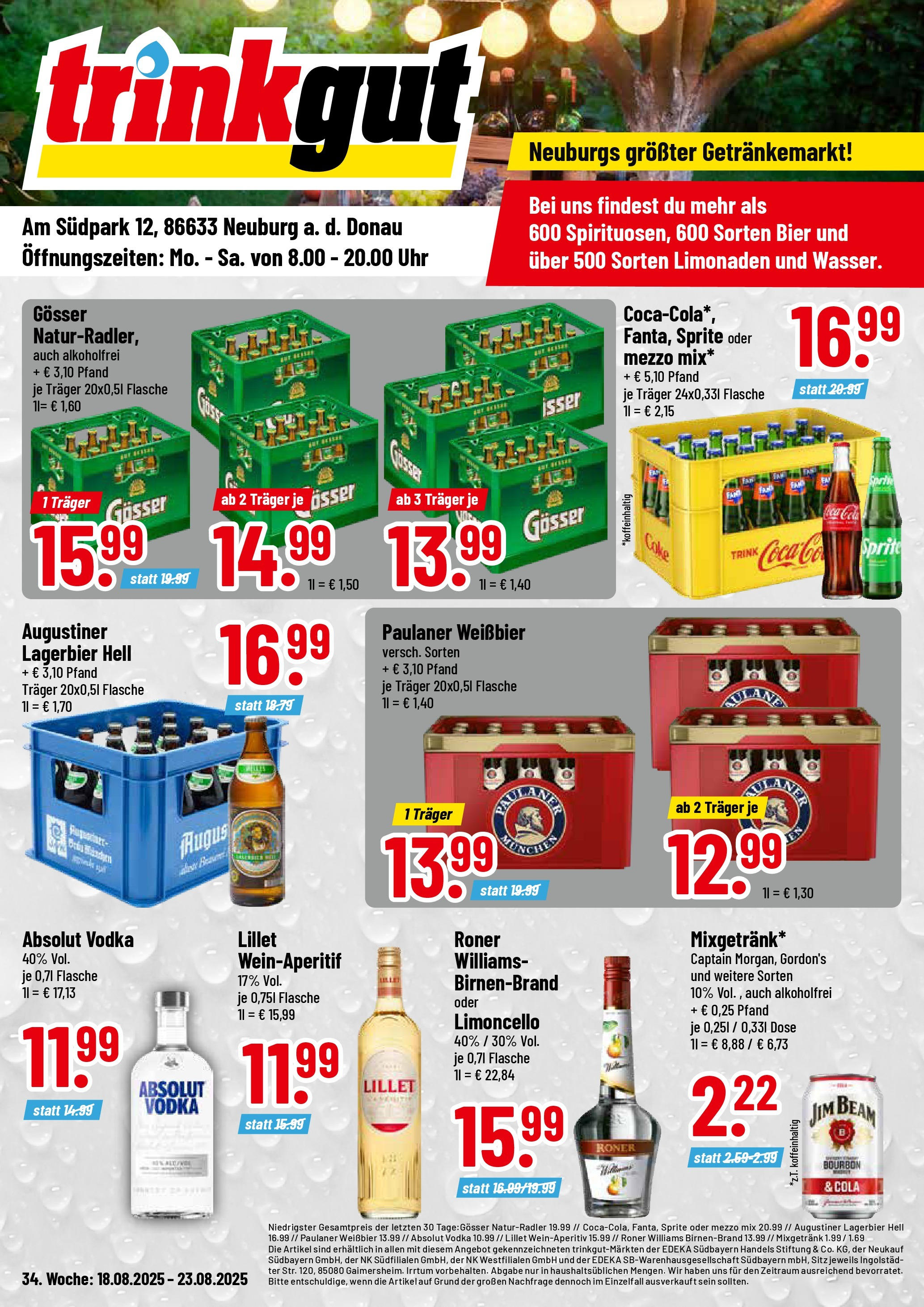 Trinkgut prospekt Neuburg an der Donau (ab 17.08.2025) » Angebote ab Montag | Seite: 1 | Produkte: Mezzo mix, Cola, Weißbier, Limoncello Trinkgut prospekt Neuburg an der Donau (ab 17.08.2025) » Angebote online | Seite: 1 | Produkte: Mezzo mix, Cola, Weißbier, Limoncello
