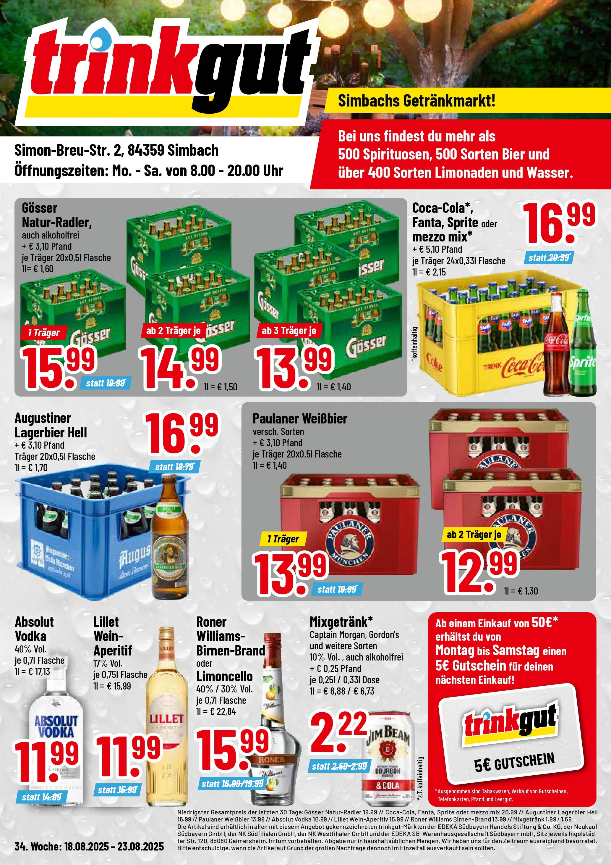 Trinkgut prospekt Simbach/Inn (ab 17.08.2025) » Angebote ab Montag | Seite: 1 | Produkte: Weißbier, Lillet, Limoncello, Bourbon Trinkgut prospekt Simbach/Inn (ab 17.08.2025) » Angebote online | Seite: 1 | Produkte: Weißbier, Lillet, Limoncello, Bourbon