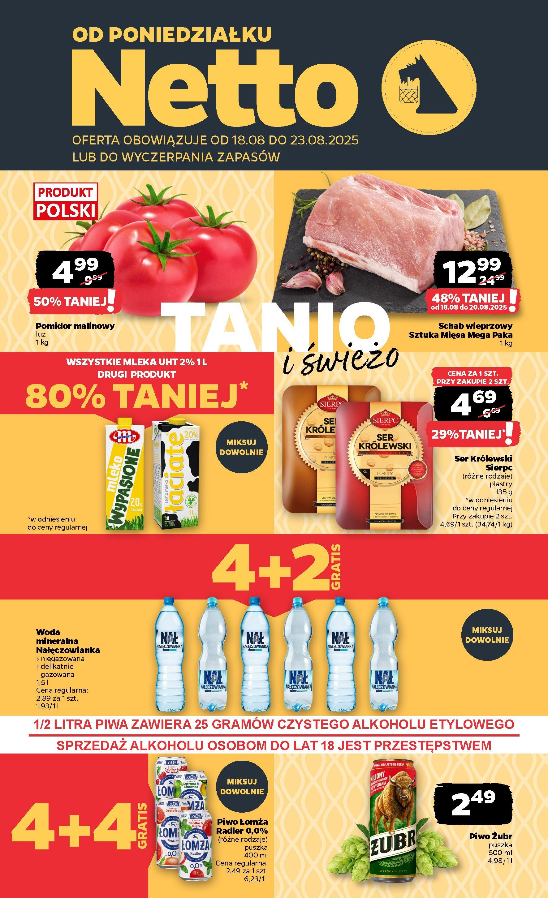 Netto gazetka - Spożywcza od 18.08.2025 - Aktualne promocje | Strona: 1 | Produkty: Piwo żubr, Limonka, Ser, Woda