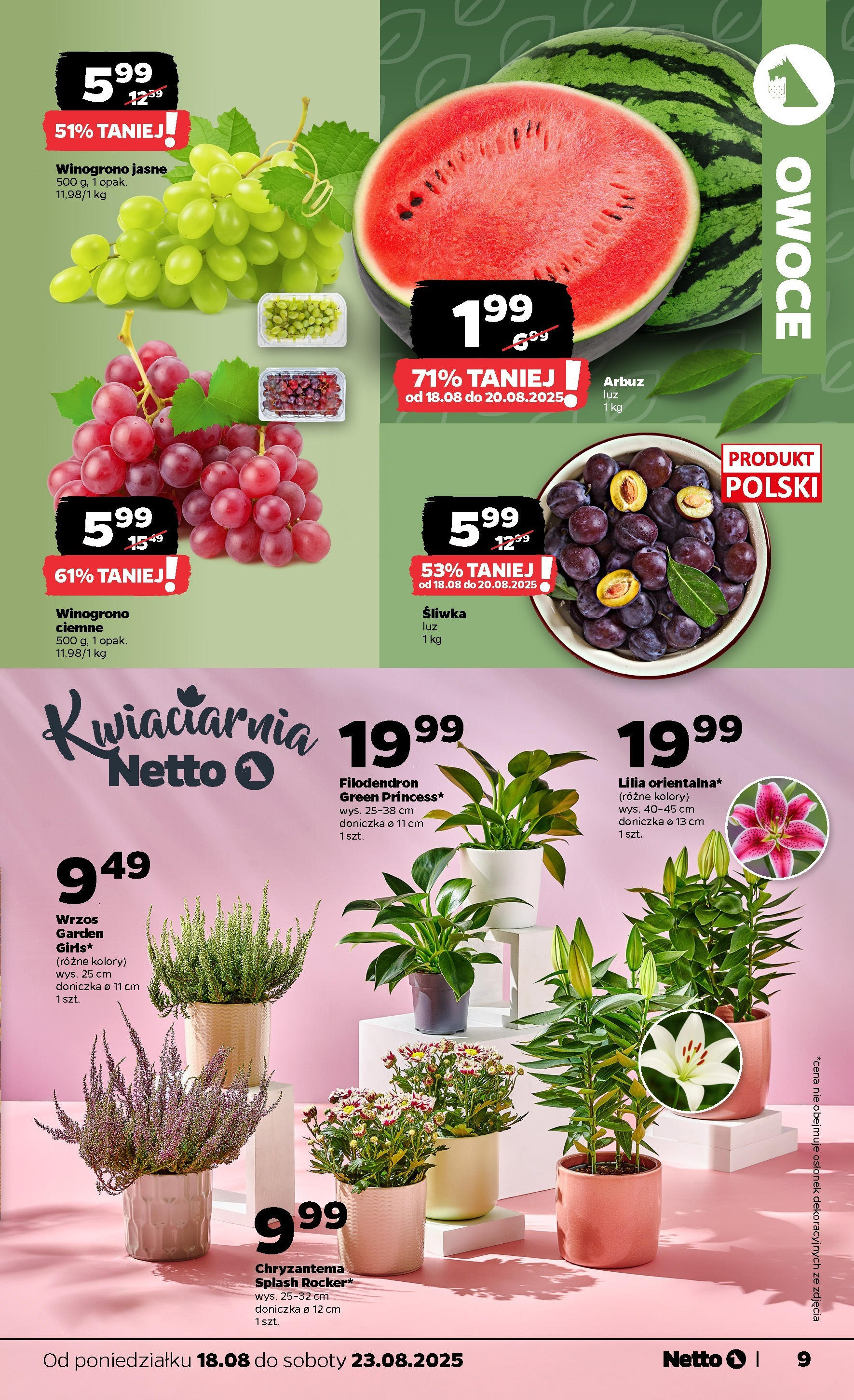 Netto gazetka - Spożywcza od 18.08.2025 - Aktualne promocje | Strona: 9 | Produkty: Arbuz, Winogrono, Wrzos, Owoce
