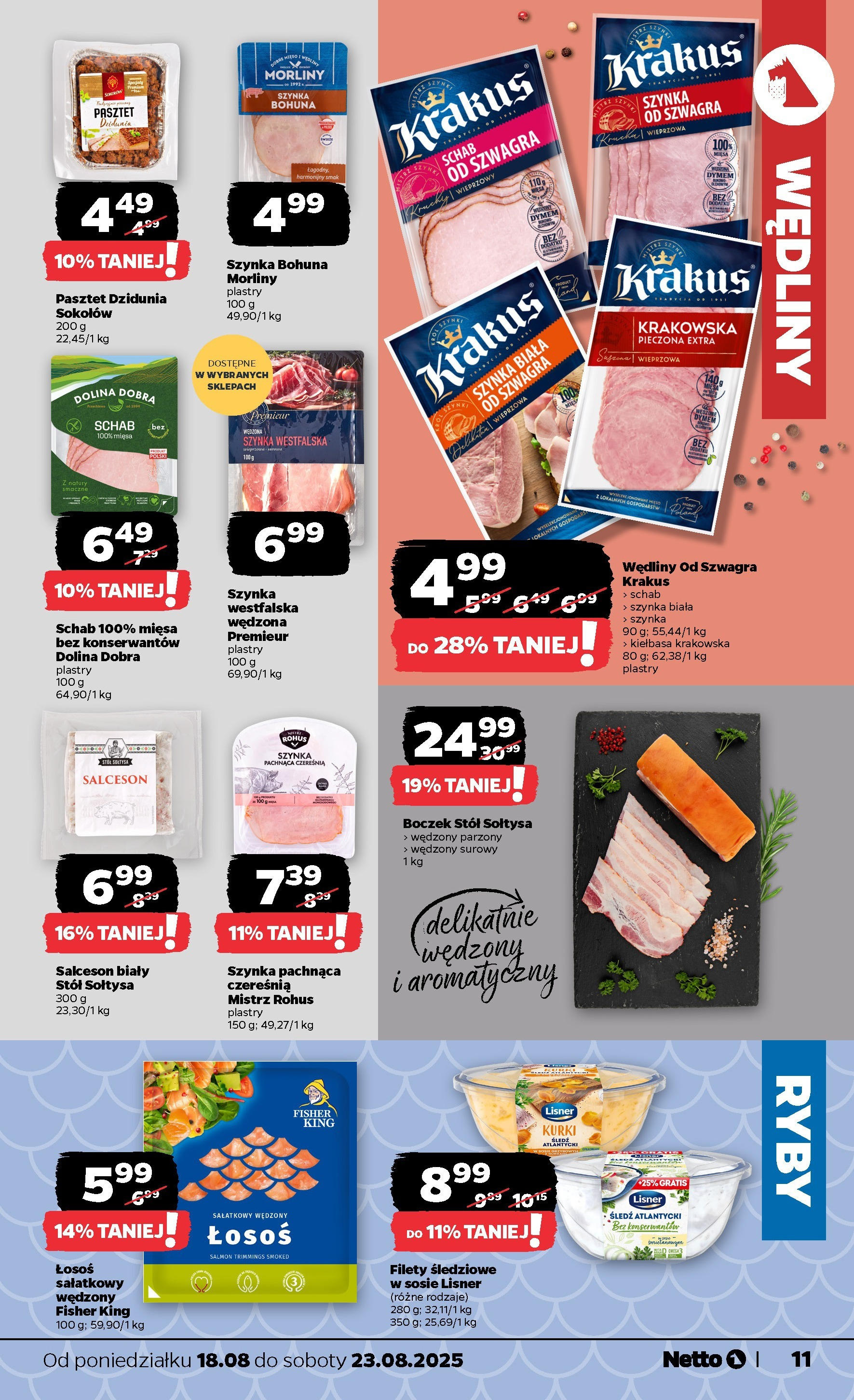 Netto gazetka - Spożywcza od 18.08.2025 - Aktualne promocje | Strona: 11 | Produkty: Stół, Kiełbasa krakowska, Boczek, Ryby