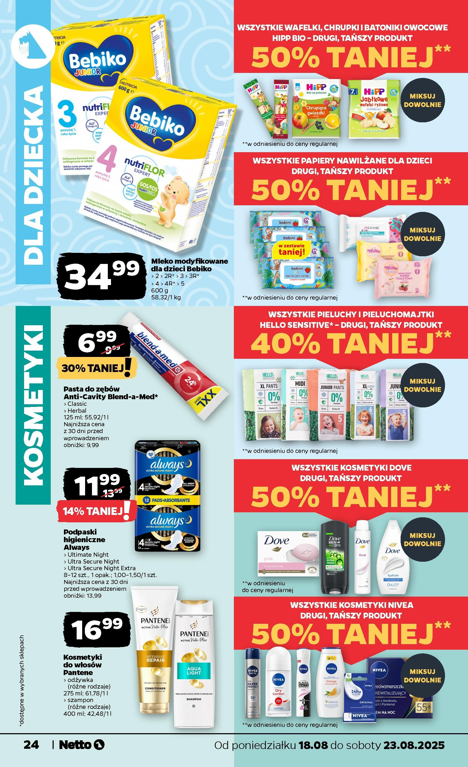 Netto gazetka - Spożywcza od 18.08.2025 - Aktualne promocje | Strona: 24 | Produkty: Mleka, Podpaski, Wafelki, Pasta do zębów