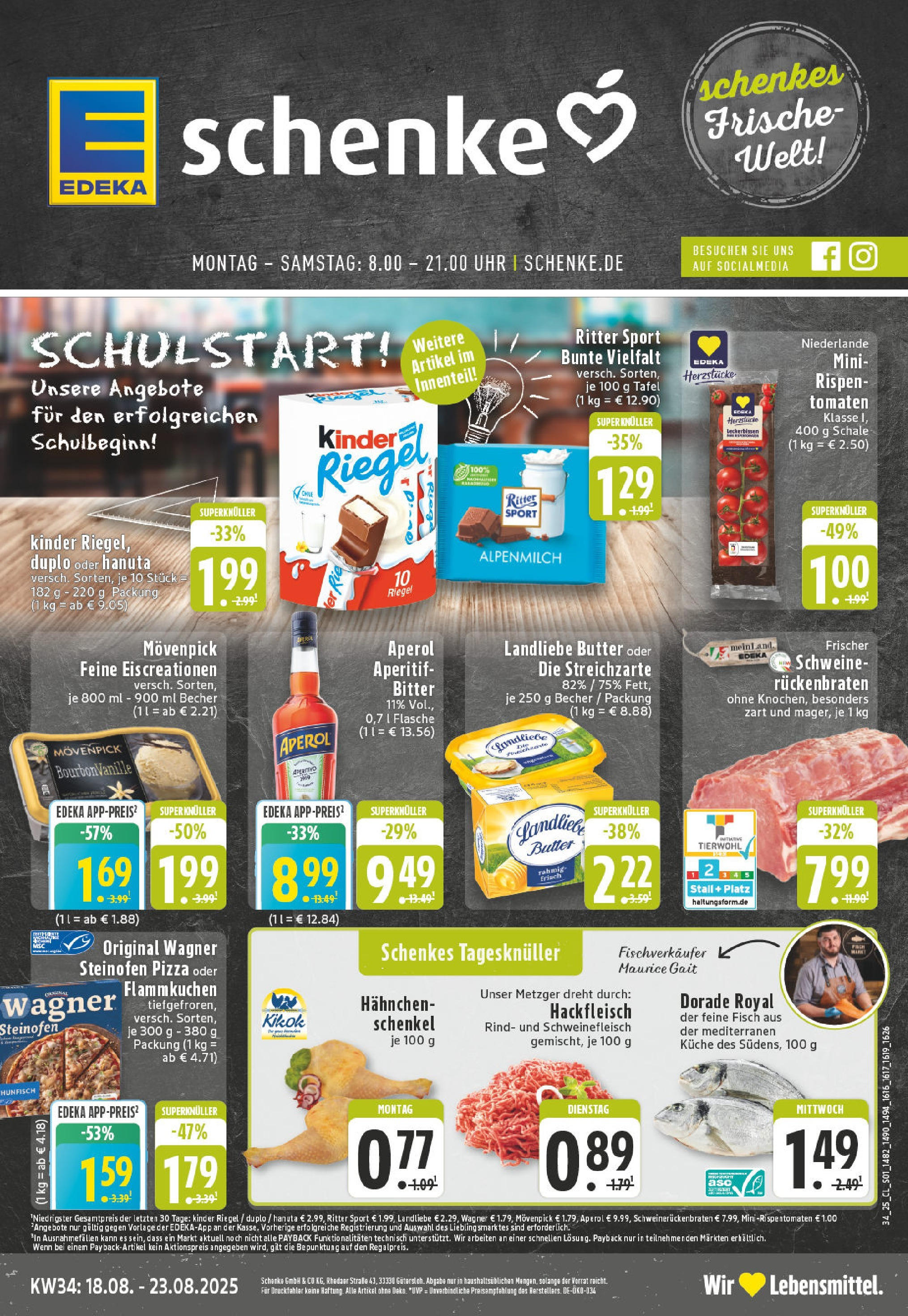 Edeka prospekt Guetersloh	 (ab 17.08.2025) » Angebote Online | Seite: 1 | Produkte: Hahnchen, Kinder riegel, Schweinefleisch, Hackfleisch