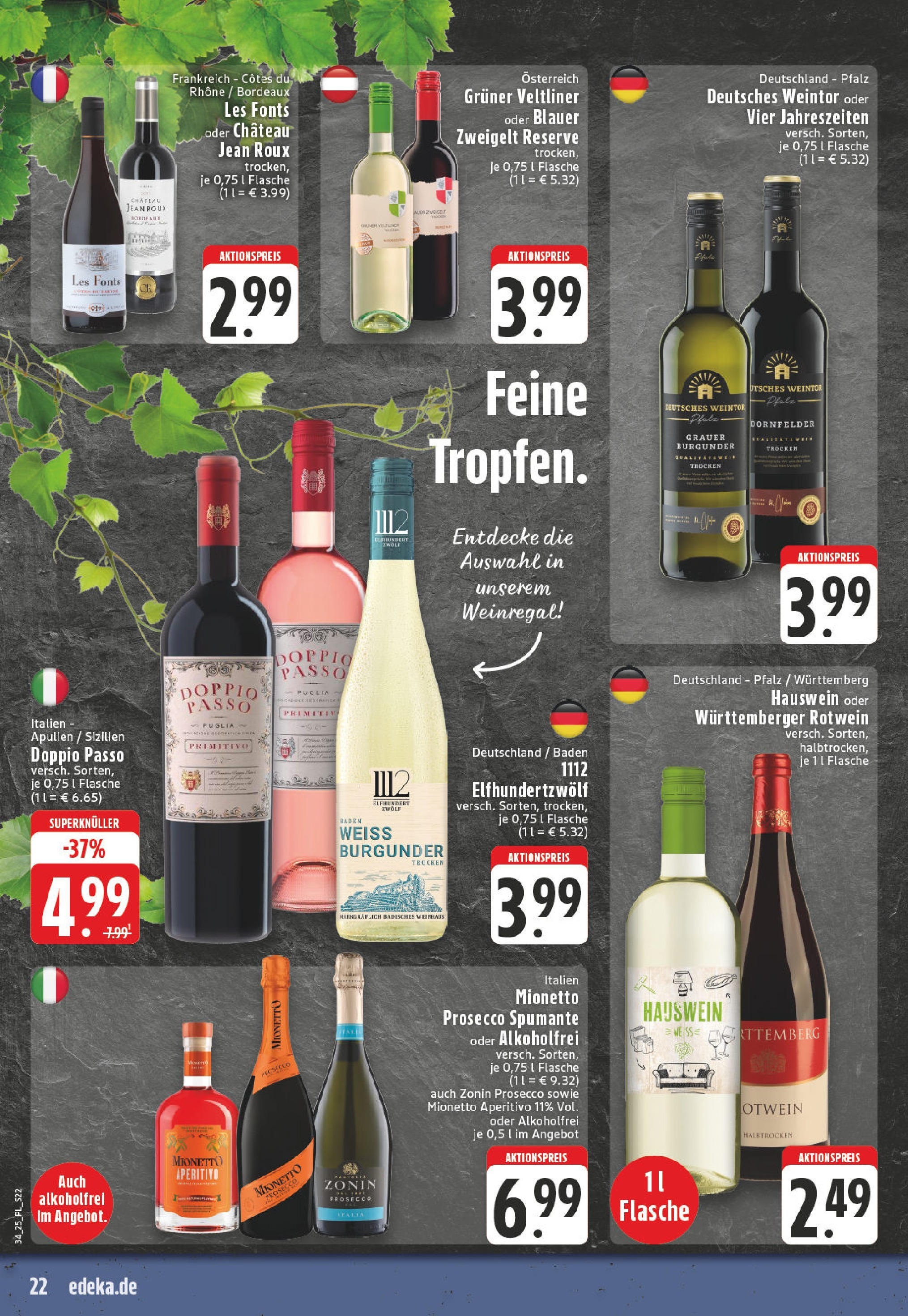 Edeka prospekt Bornheim (ab 17.08.2025) » Angebote Online | Seite: 22 | Produkte: Weinregal, Rotwein, Doppio passo primitivo, Prosecco Edeka prospekt Bornheim (ab 17.08.2025) » Angebote Online | Seite: 22 | Produkte: Weinregal, Rotwein, Doppio passo primitivo, Prosecco