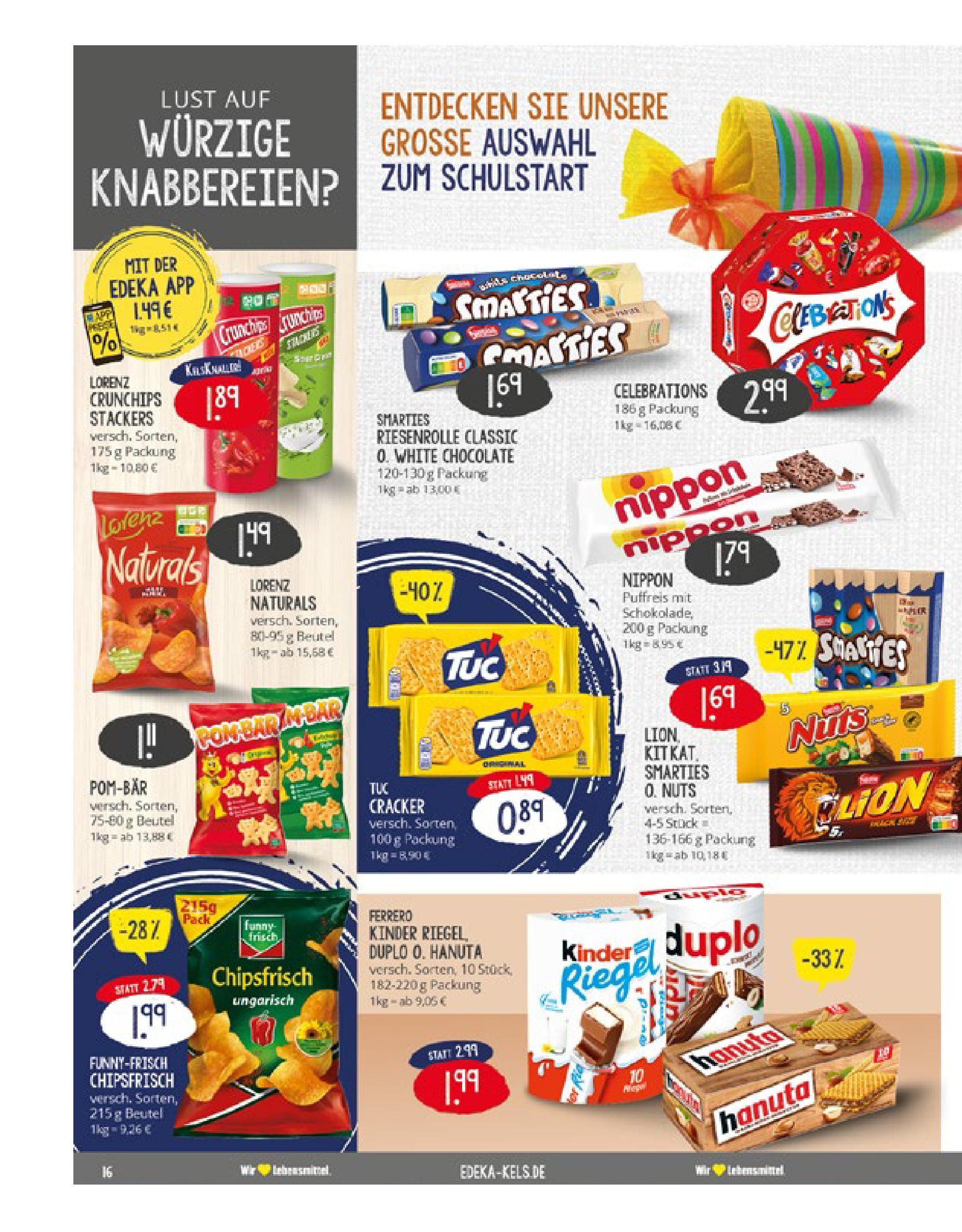 Edeka prospekt Ratingen	 (ab 17.08.2025) » Angebote Online | Seite: 16 | Produkte: Smarties, Kinder riegel, POM-BÄR, Lorenz crunchips