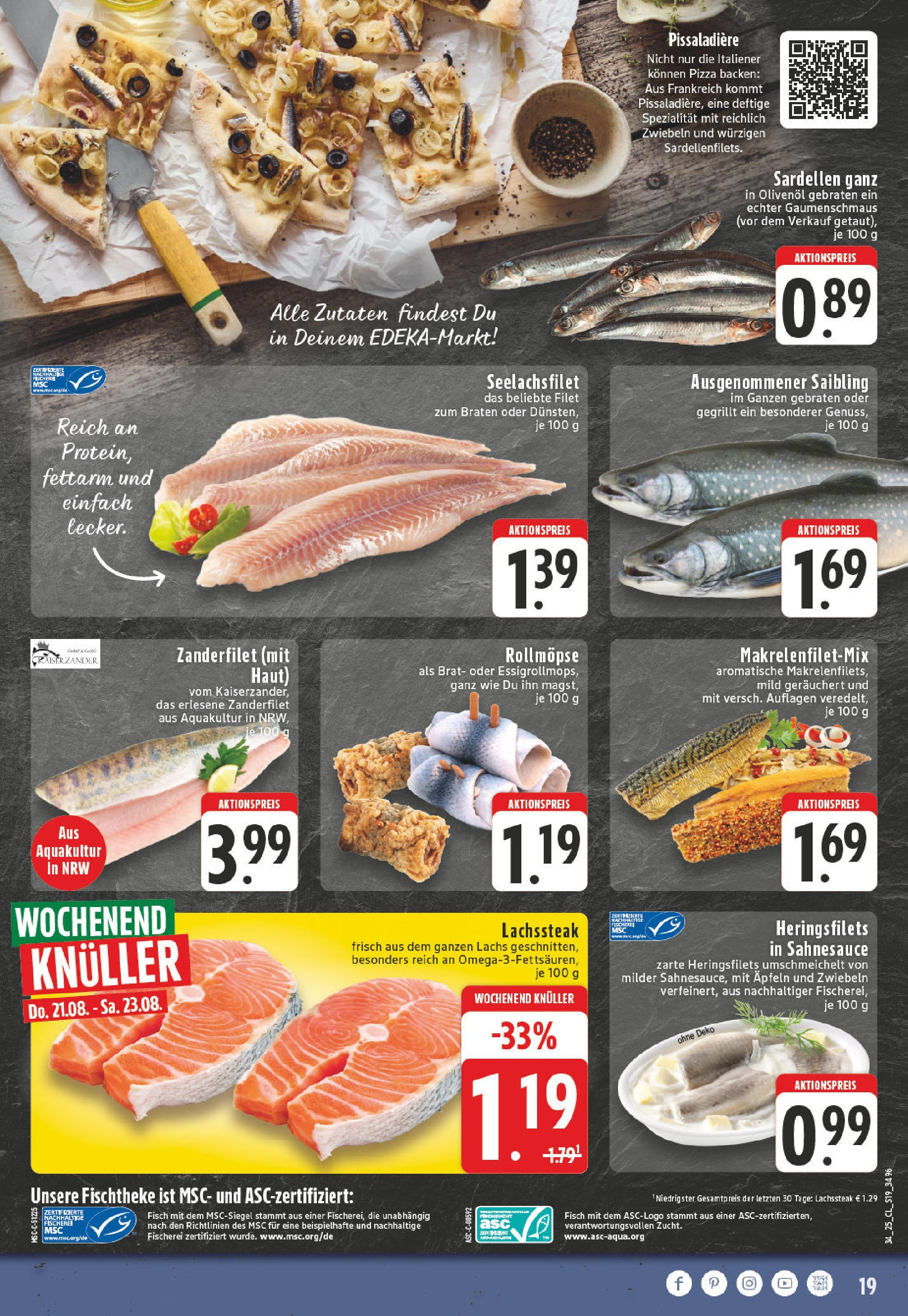Edeka prospekt Essen	 (ab 17.08.2025) » Angebote Online | Seite: 19 | Produkte: Olivenol, Lachs, Zwiebeln, Steak