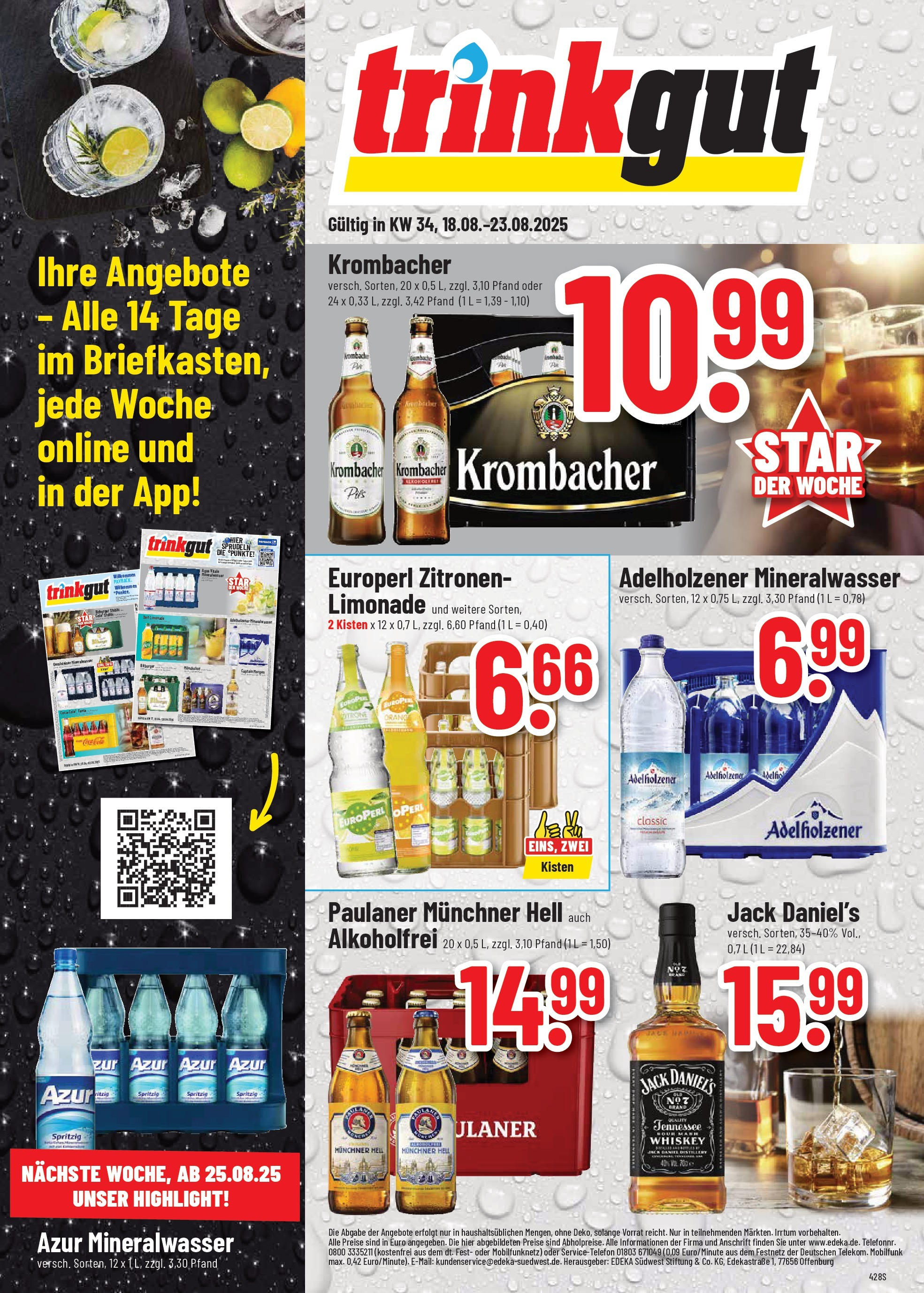 Trinkgut prospekt Frankfurt A.M. (ab 17.08.2025) » Angebote ab Montag | Seite: 1 | Produkte: Adelholzener, Krombacher, Whiskey, Zitronen Trinkgut prospekt Frankfurt A.M. (ab 17.08.2025) » Angebote online | Seite: 1 | Produkte: Adelholzener, Krombacher, Whiskey, Zitronen