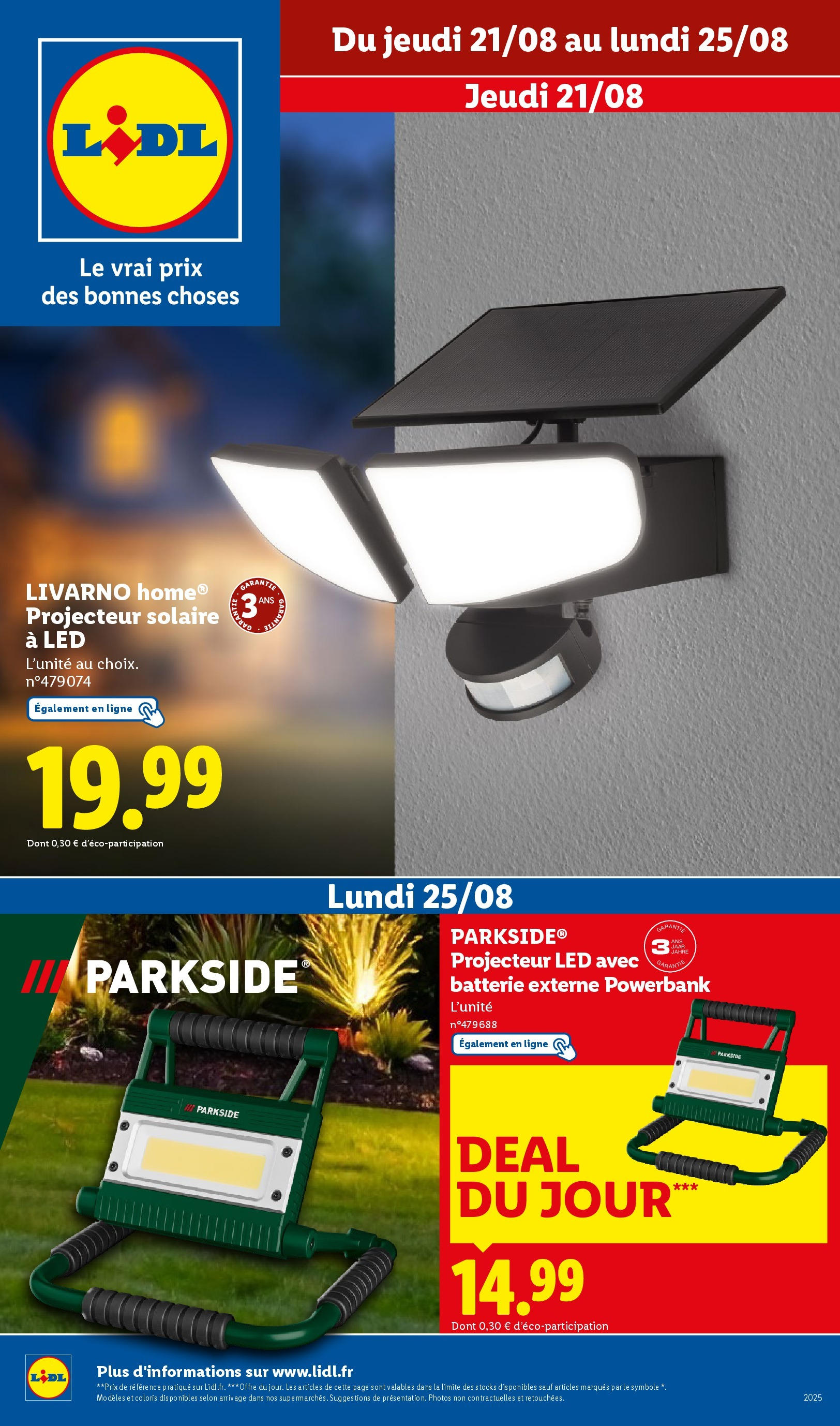 Catalogue LIDL du 20/08/2025 | Promo prospectus en ligne | Page: 1 | Produits: Projecteur solaire, Batterie, Projecteur