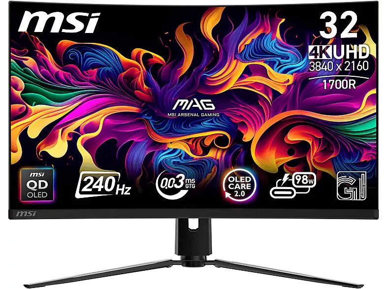 MSI MPG 321CURXDE QD-OLED 32 Zoll Gaming Monitor, UHD 4K, 0,03 ms Reaktionszeit, 1000 cd/m², 240 Hz, Schwarz