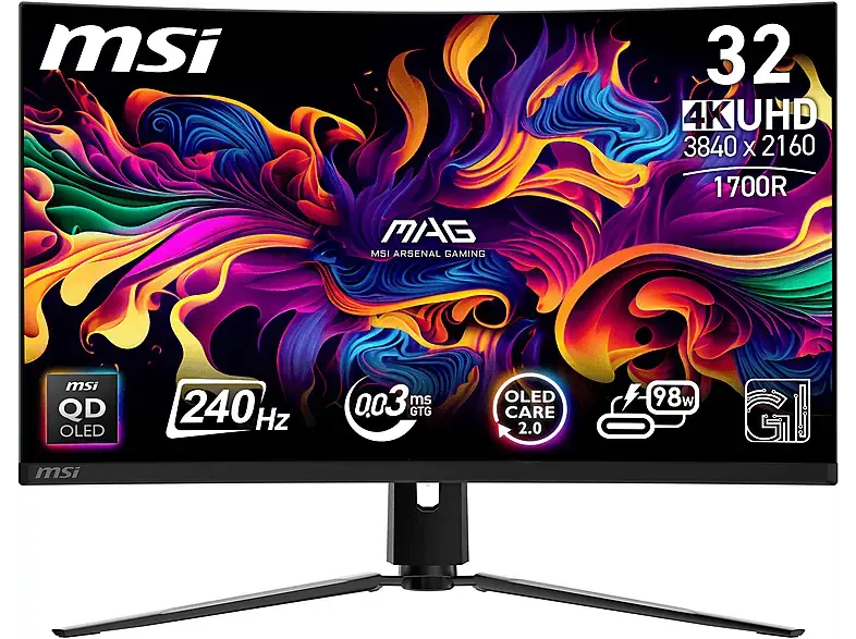MSI MPG 321CURXDE QD-OLED 32 Zoll Gaming Monitor, UHD 4K, 0,03 ms Reaktionszeit, 1000 cd/m², 240 Hz, Schwarz