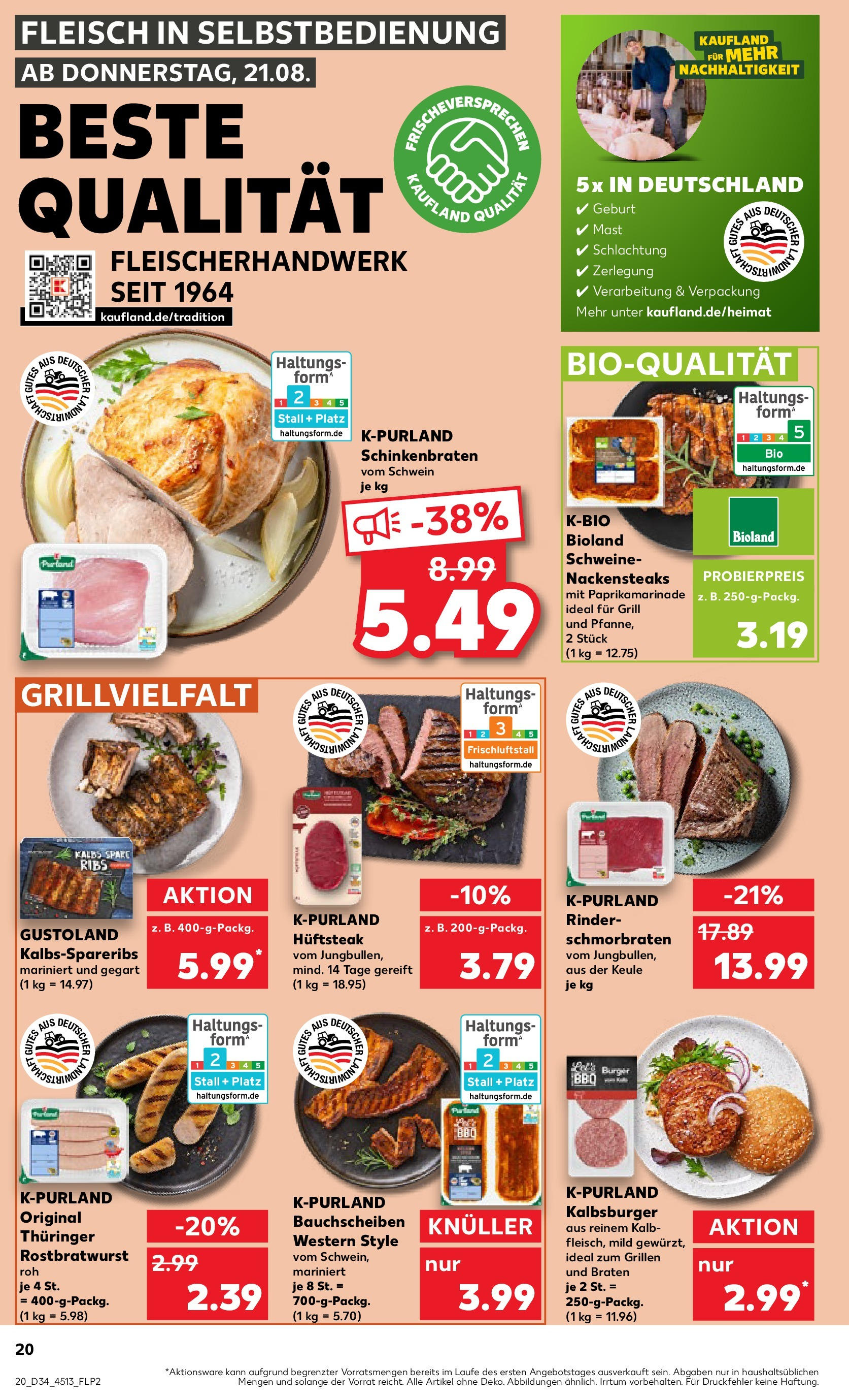 Prospekt Kaufland ab 21.08.2025 » Angebote Online zum Blättern | Seite: 20 | Produkte: Nackensteaks, Spare ribs, Burger, Fleisch