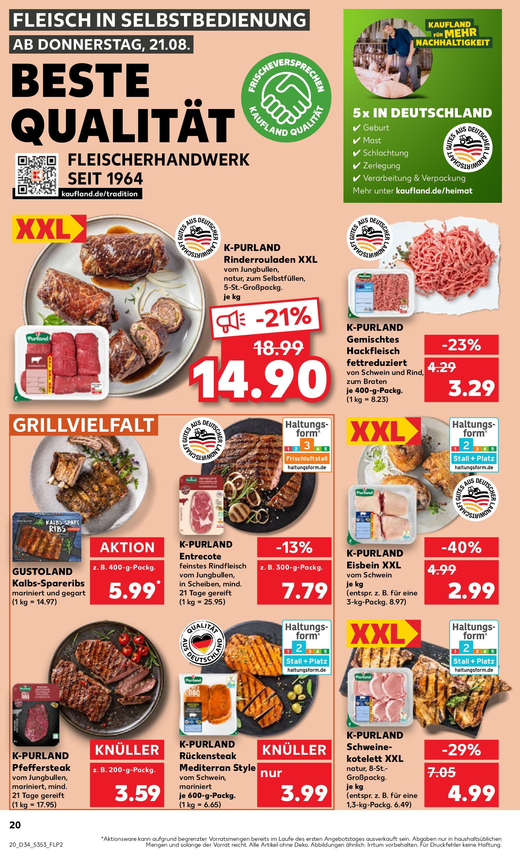 Prospekt Kaufland ab 21.08.2025 » Angebote Online zum Blättern | Seite: 20 | Produkte: Rinderrouladen, Spare ribs, Rindfleisch, Fleisch