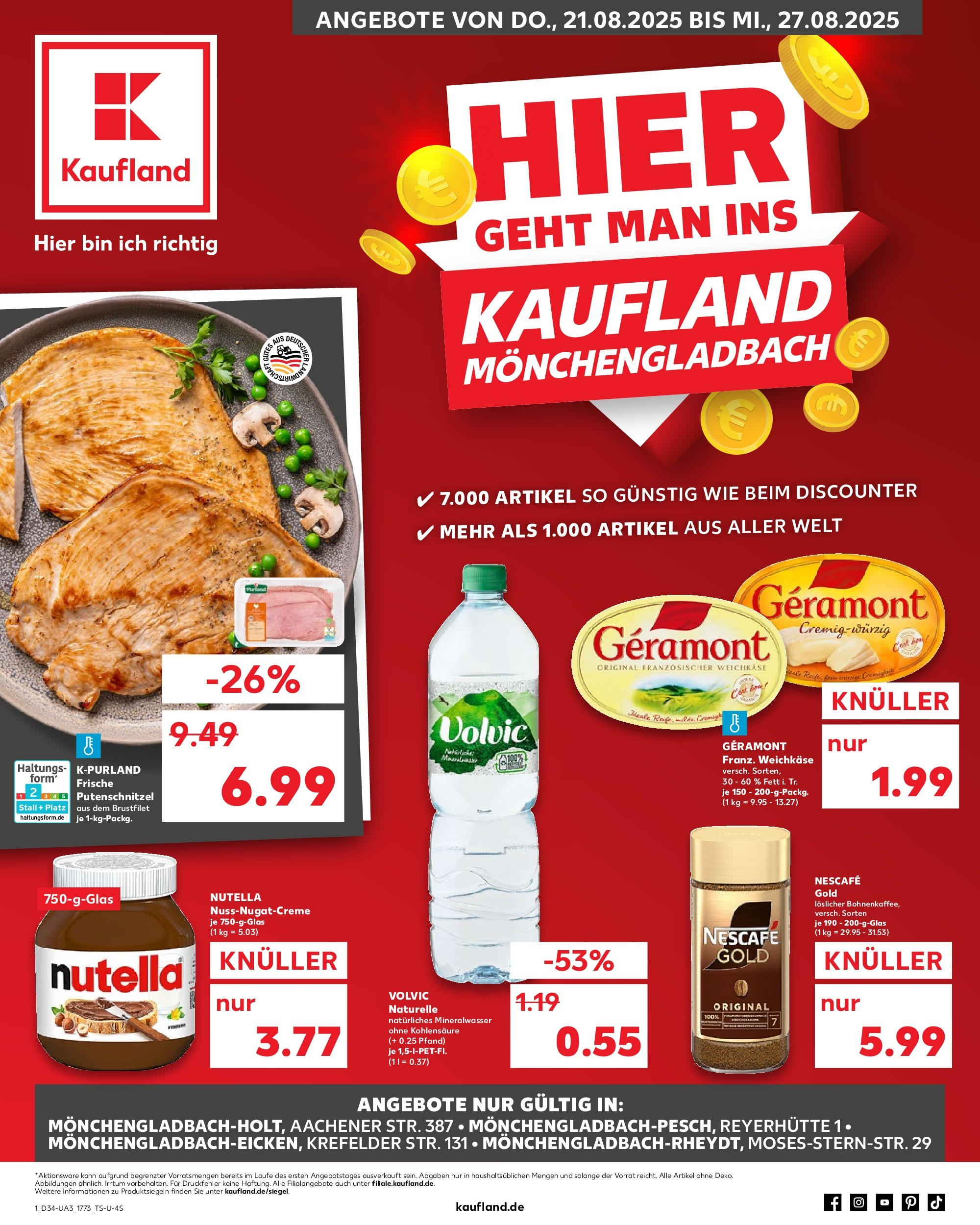 Prospekt Kaufland ab 21.08.2025 » Angebote Online zum Blättern | Seite: 1 | Produkte: Geramont, Nutella, Putenschnitzel, Volvic