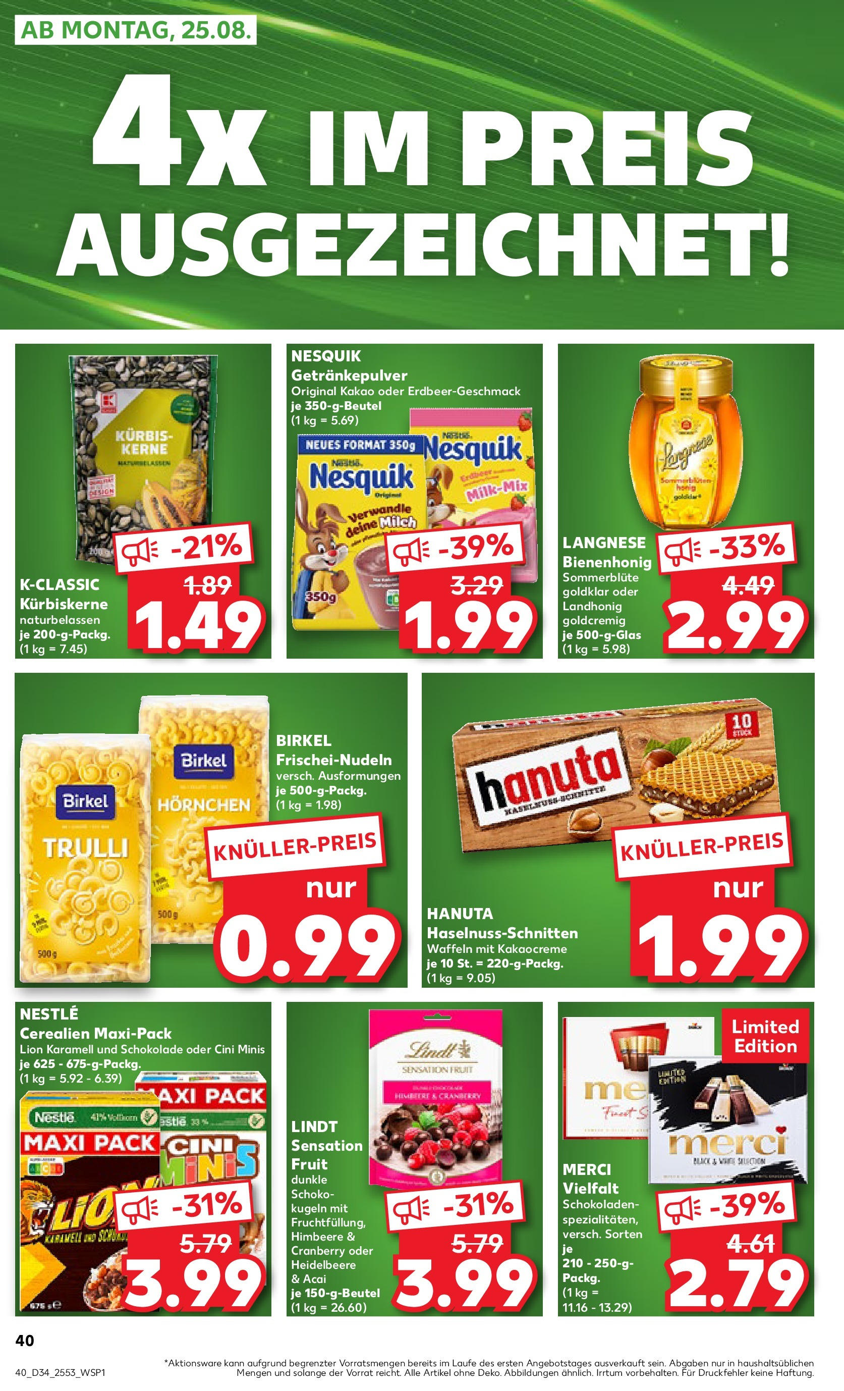 Prospekt Kaufland ab 21.08.2025 » Angebote Online zum Blättern | Seite: 40 | Produkte: Milch, Waffeln, Himbeere, Pasta