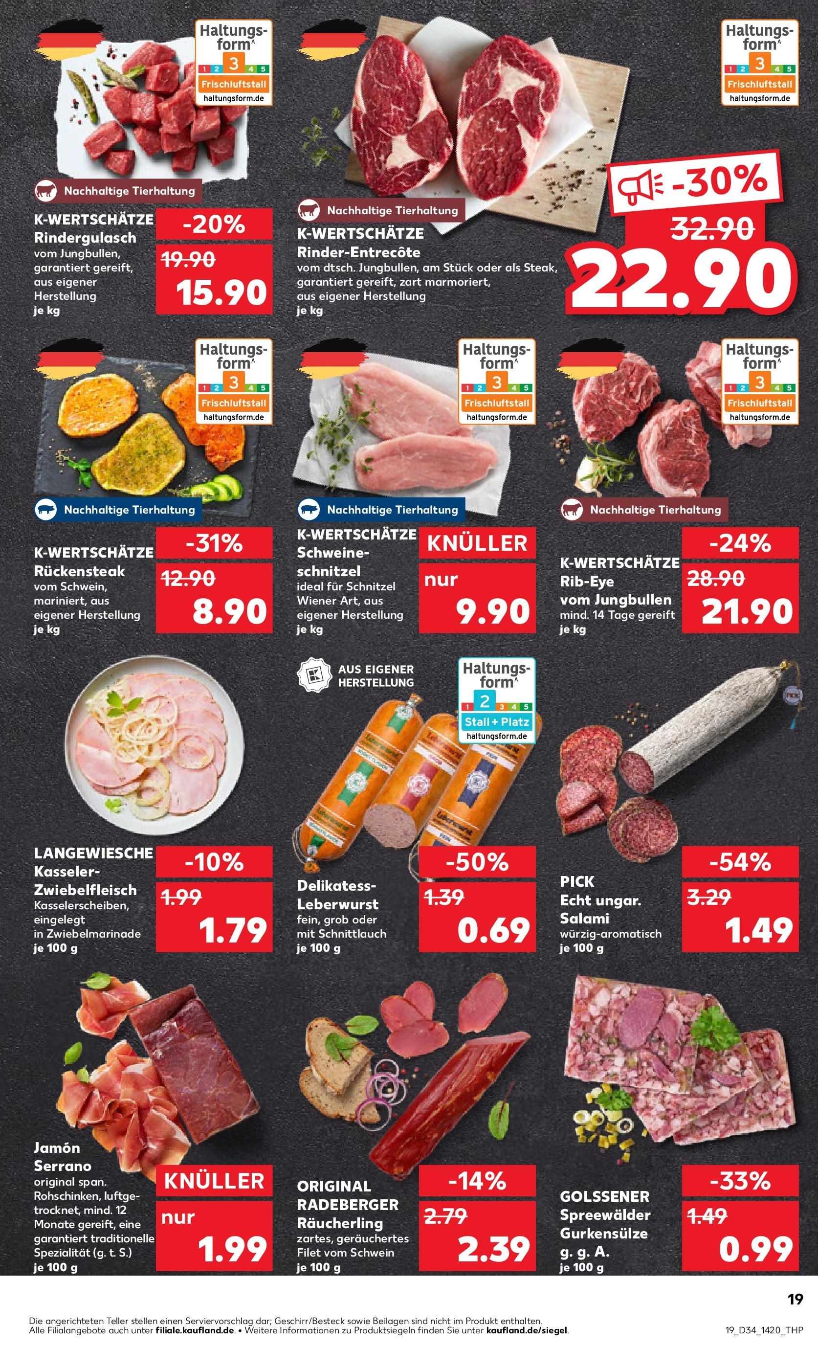 Prospekt Kaufland ab 21.08.2025 » Angebote Online zum Blättern | Seite: 19 | Produkte: Rindergulasch, Entrecote, Schnitzel, Salami