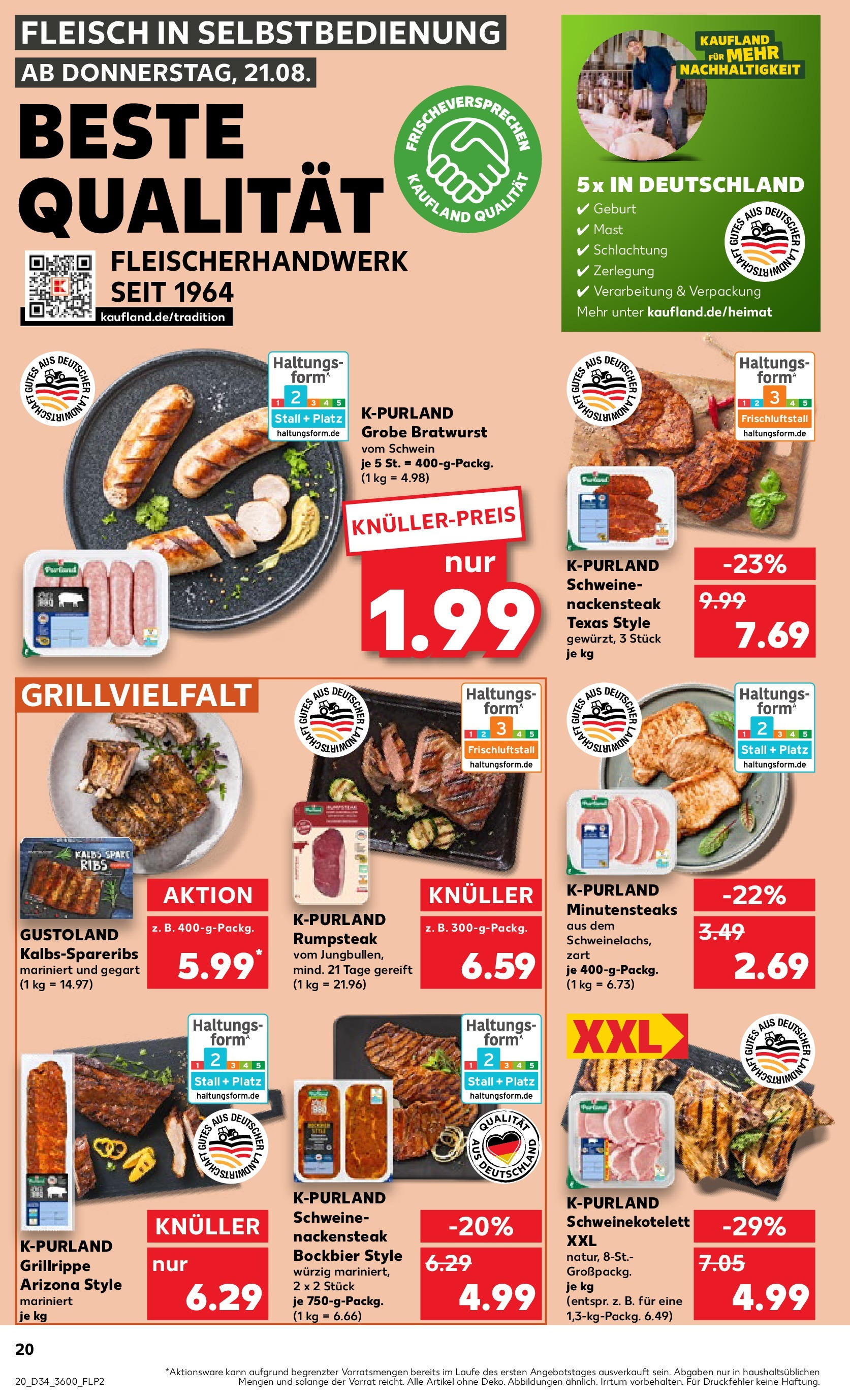 Prospekt Kaufland ab 21.08.2025 » Angebote Online zum Blättern | Seite: 20 | Produkte: Bratwurst, Spare ribs, Steak, Fleisch