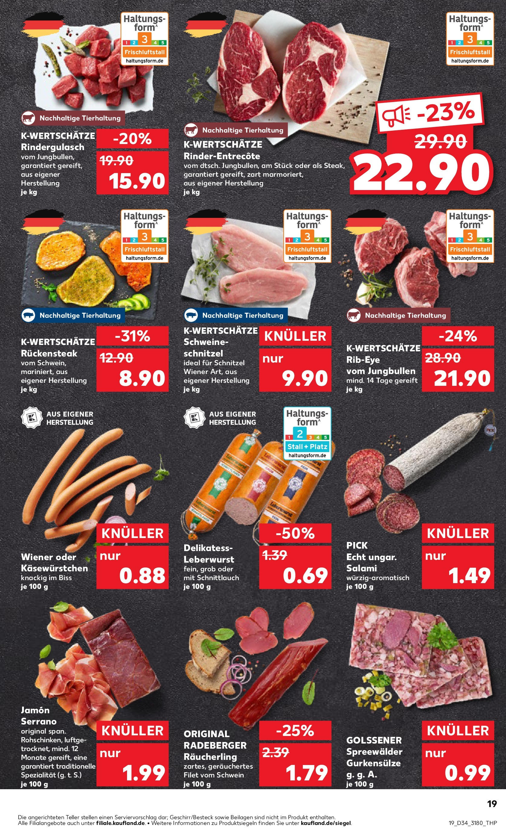 Prospekt Kaufland ab 21.08.2025 » Angebote Online zum Blättern | Seite: 19 | Produkte: Rindergulasch, Entrecote, Salami, Steak