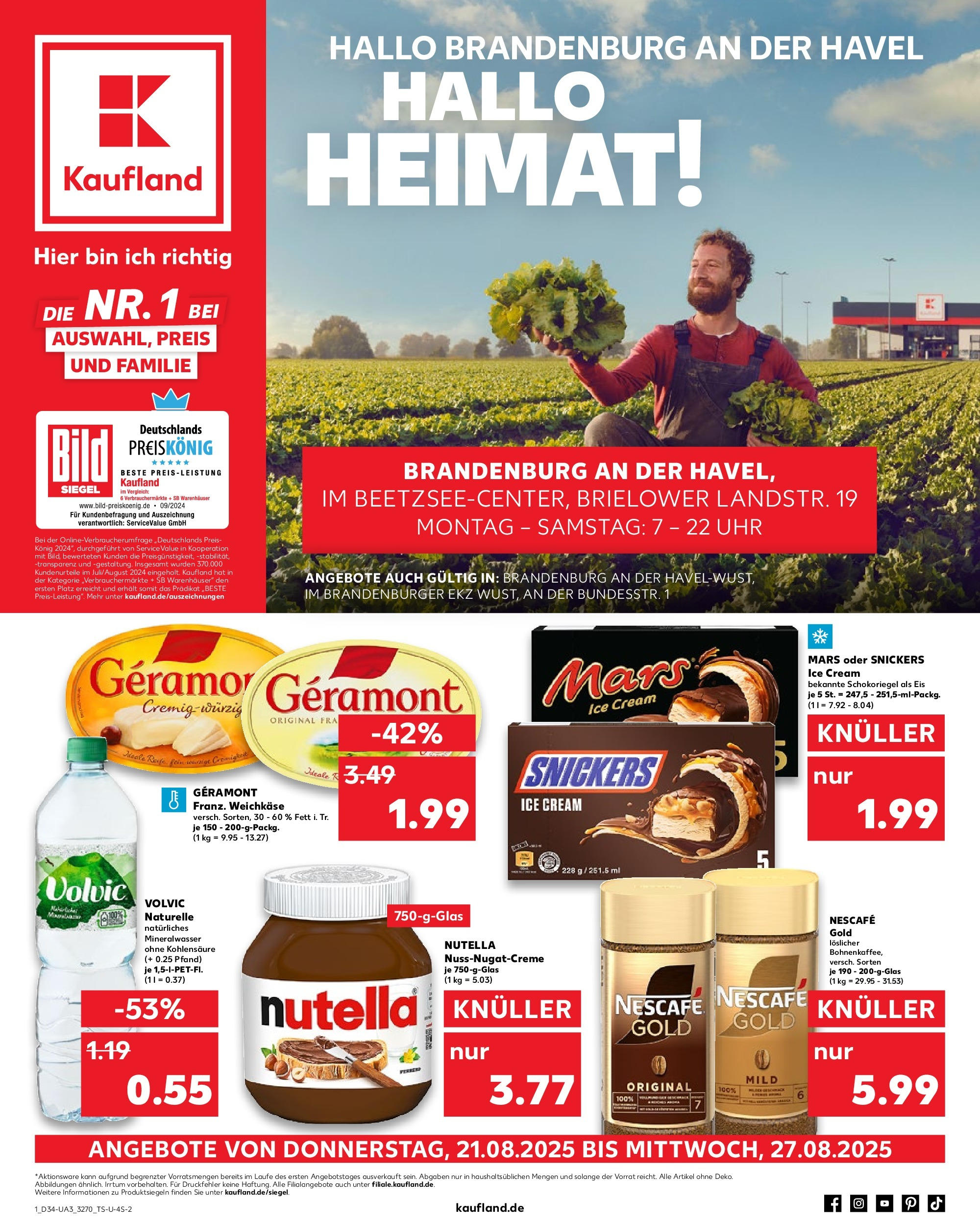Prospekt Kaufland ab 21.08.2025 » Angebote Online zum Blättern | Seite: 1 | Produkte: Nescafe, Mineralwasser, Snickers, Eis