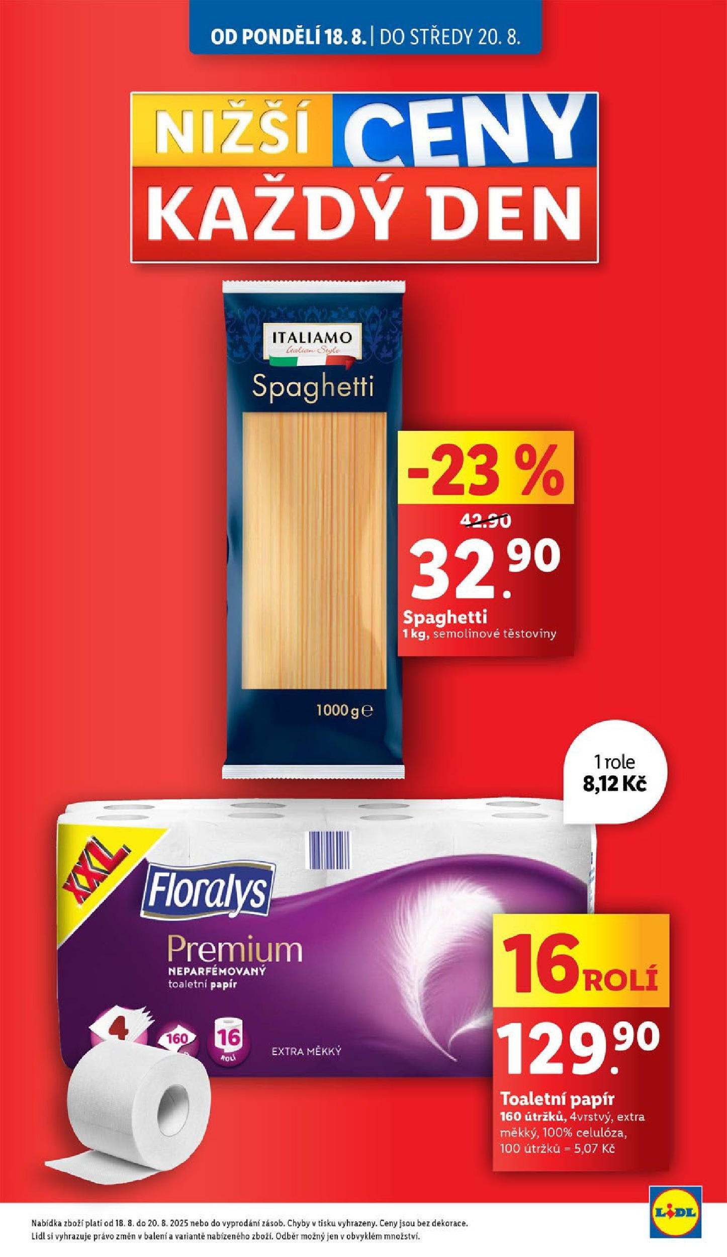 Lidl leták od 19.08.2025 - Nový akční leták | Strana: 5 | Produkty: Těstoviny, Toaletní papír, Semolinové těstoviny