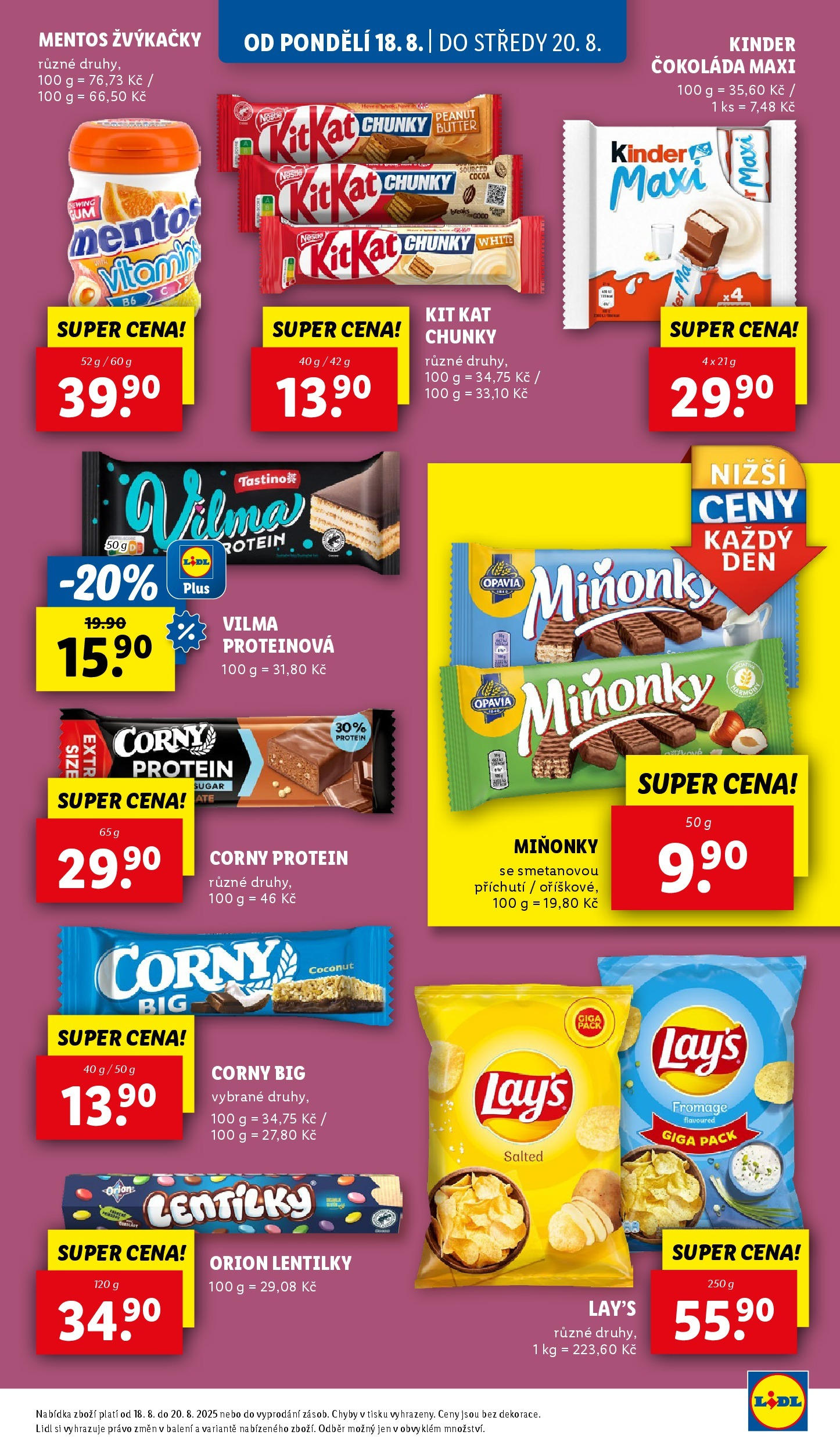 Lidl leták od 19.08.2025 - Nový akční leták | Strana: 29 | Produkty: Protein bar, Lentilky Orion, Lay's, Protein