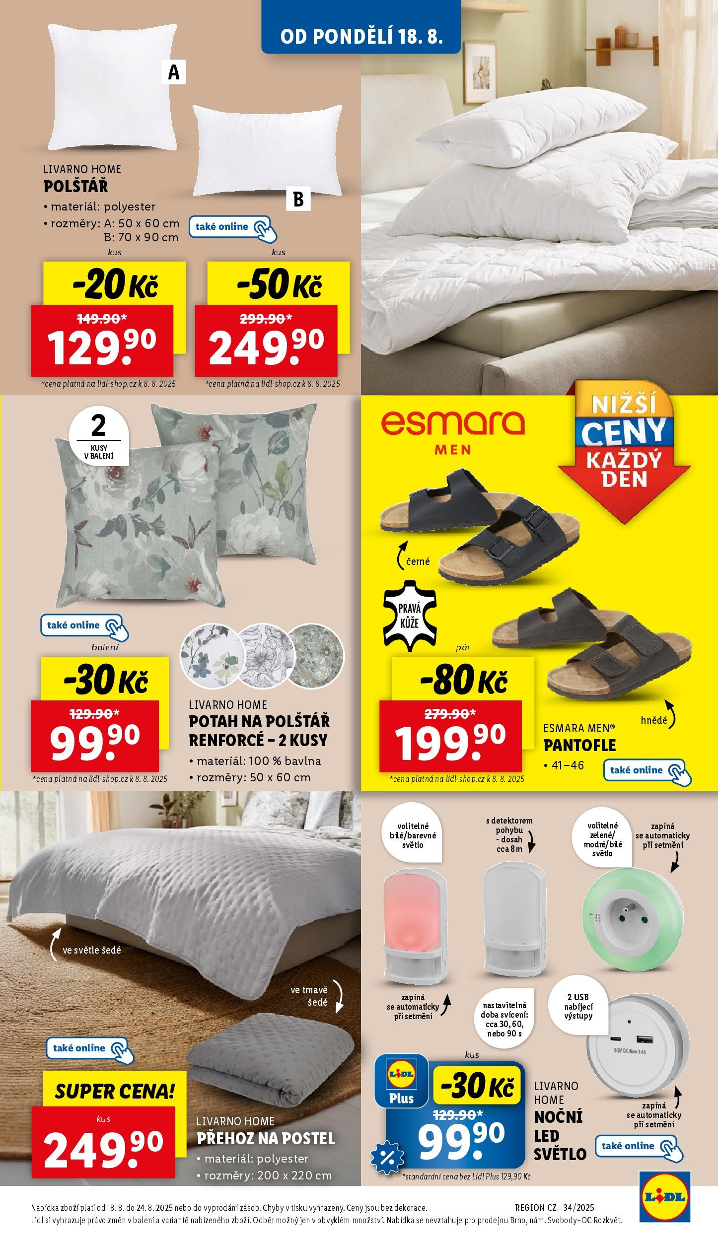 Lidl leták od 19.08.2025 - Nový akční leták | Strana: 13 | Produkty: Pantofle, Postel, Přehoz na postel, LED světlo