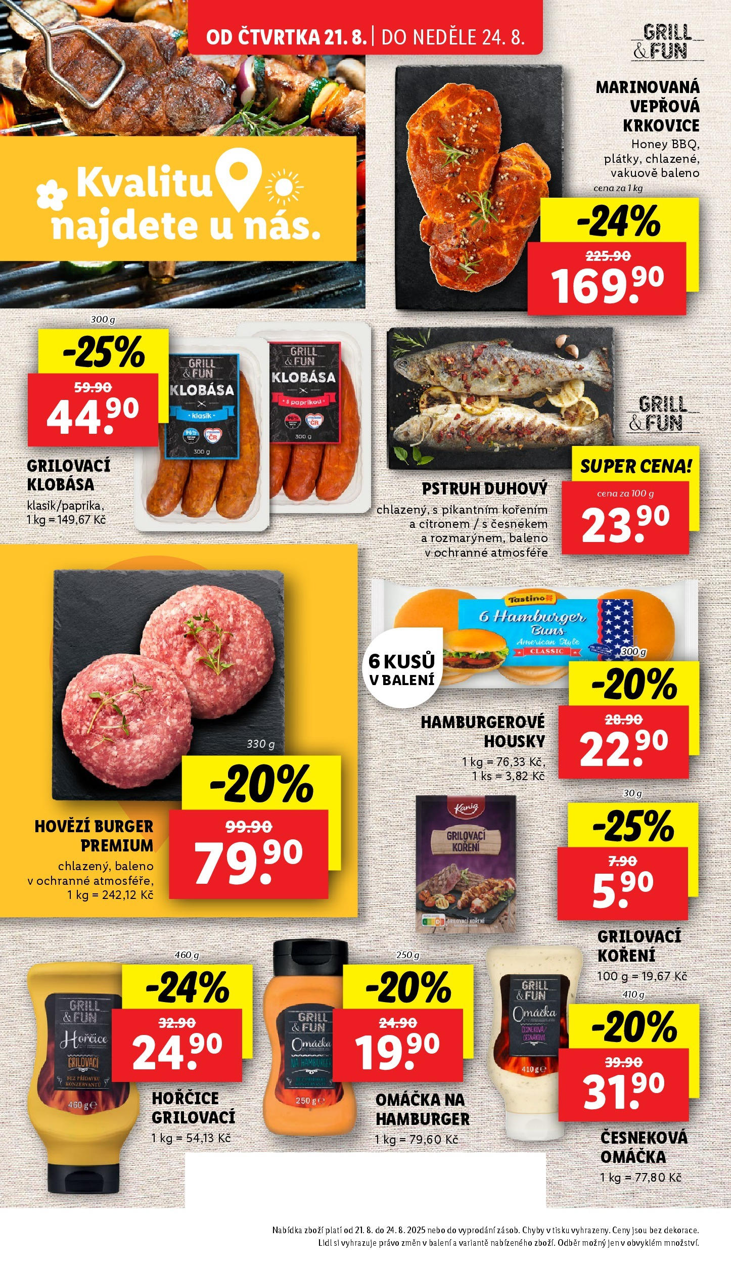 Lidl leták od 19.08.2025 - Nový akční leták | Strana: 24 | Produkty: Burger, Hovězí, Pstruh, Vepřová krkovice