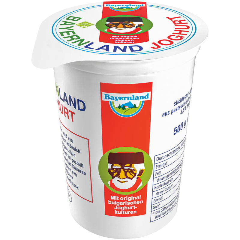 Bayernland Stichfester Joghurt aus pasteurisierter Kuhmilch, 3,5% Fett. Mit original bulgarischen Joghurtkulturen.
