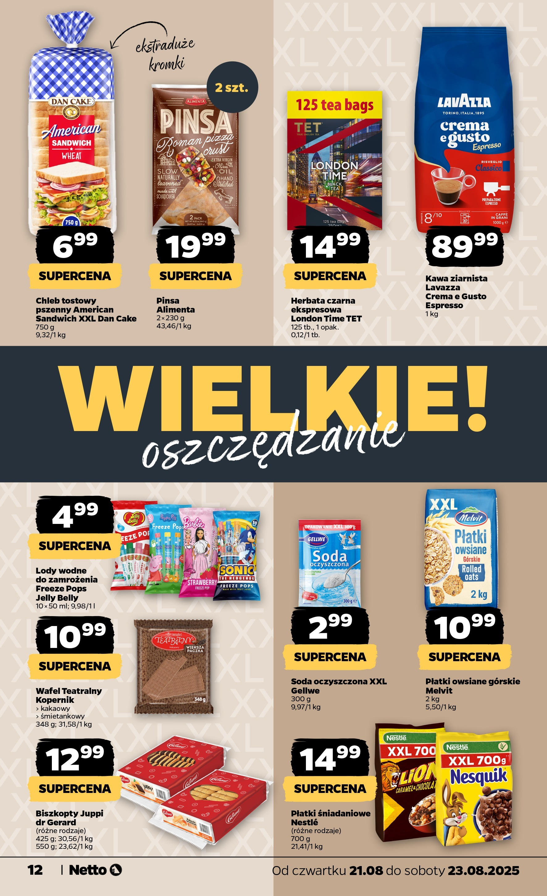 Netto gazetka - Spożywcza od 21.08.2025 - Aktualne promocje | Strona: 12 | Produkty: Kawa ziarnista, Płatki śniadaniowe, Sandwich, Pizza